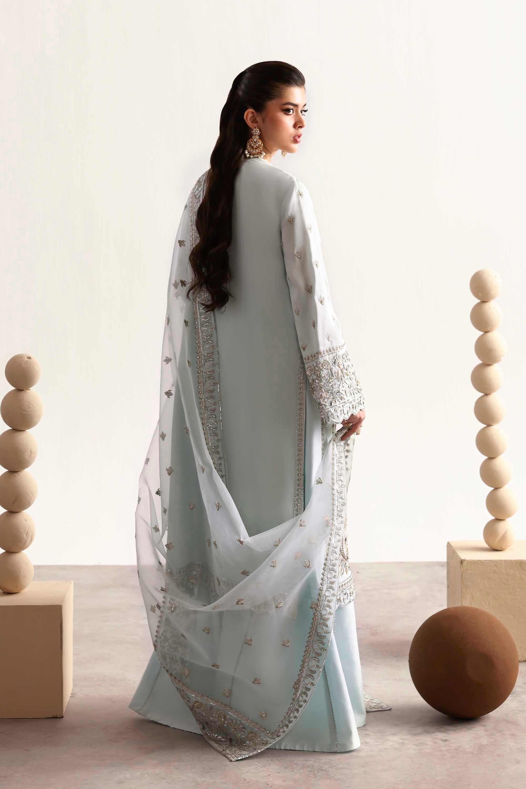 Women Wearing Fawn Ice Blue Long Shirt For Luxury Formals Events - Pakistani Designer Wear For Women In UK | Kifat