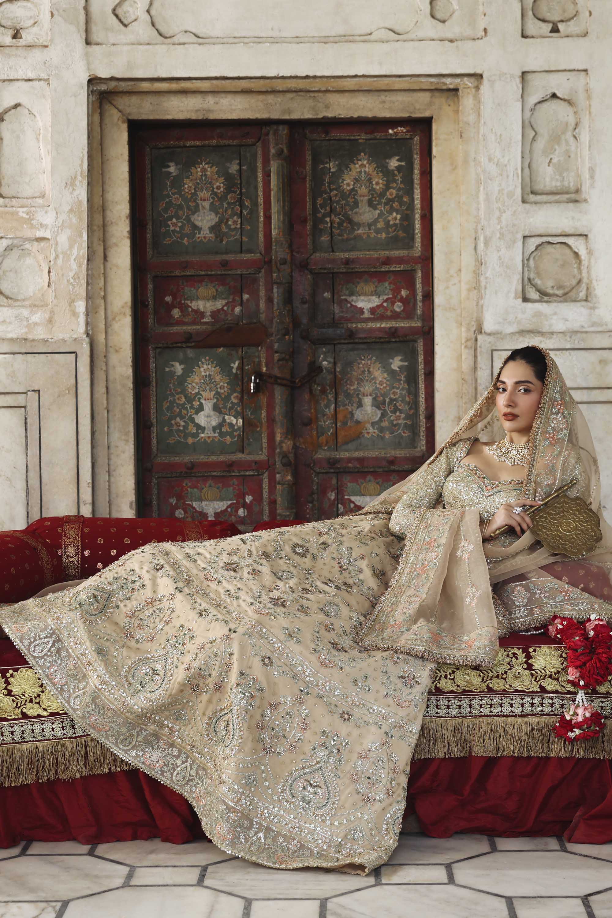 Women Wearing Nuraan Peach Lehnga Choli For Formals Events - Pakistani Designer Wear For Women In UK | Kifat