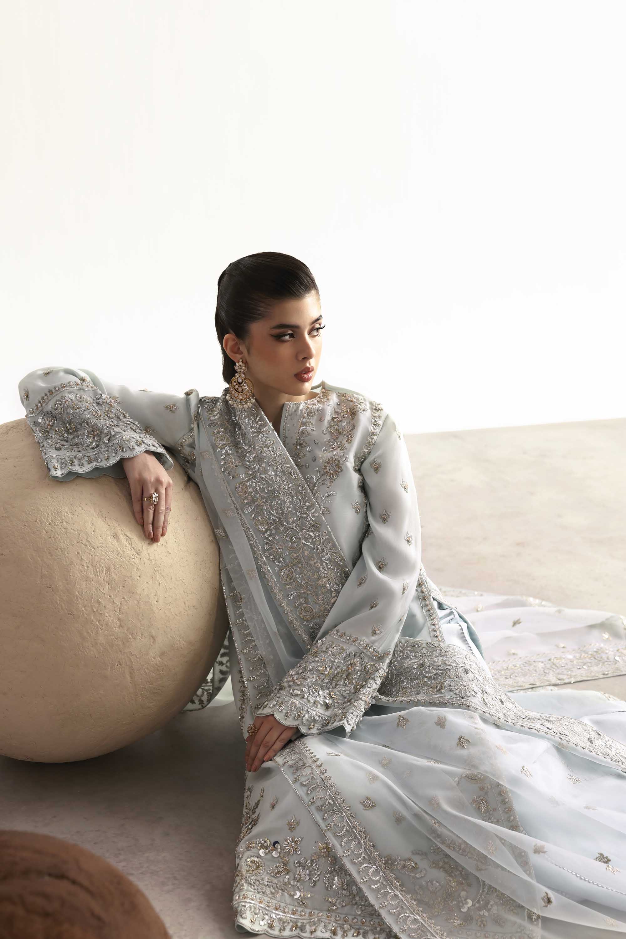 Women Wearing Fawn Ice Blue Long Shirt For Luxury Formals Events - Pakistani Designer Wear For Women In UK | Kifat