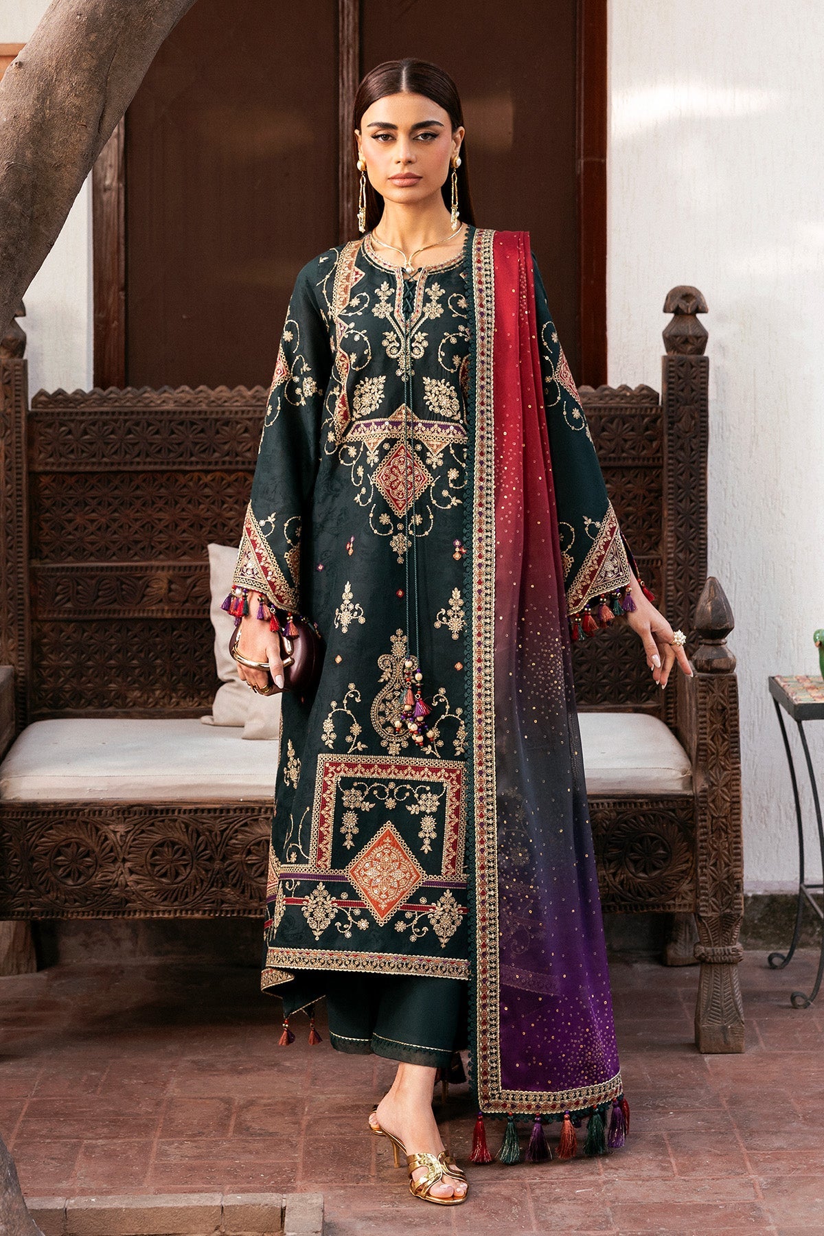 Women Wearing Embroidered Luxury Lawn SL26-D03 Green Long Shirt for Festive Events - Pakistani Designer Wear for Women in UK | Kifat
