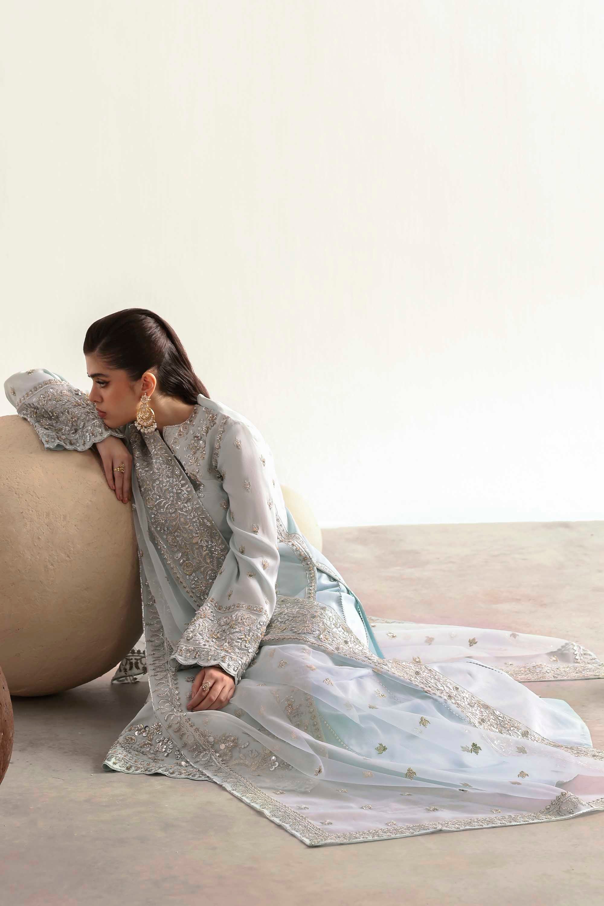 Women Wearing Fawn Ice Blue Long Shirt For Luxury Formals Events - Pakistani Designer Wear For Women In UK | Kifat