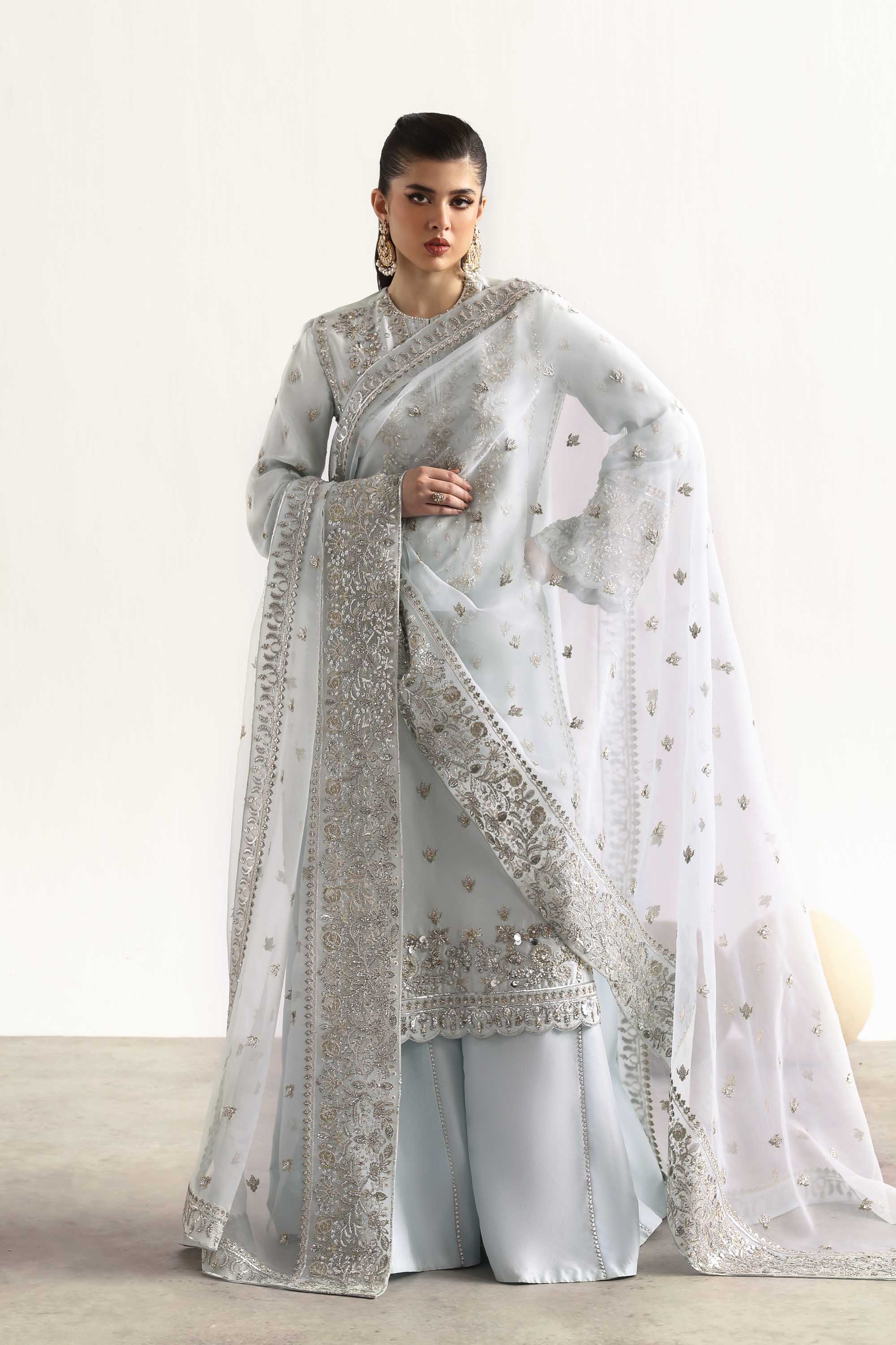 Women Wearing Fawn Ice Blue Long Shirt For Luxury Formals Events - Pakistani Designer Wear For Women In UK | Kifat