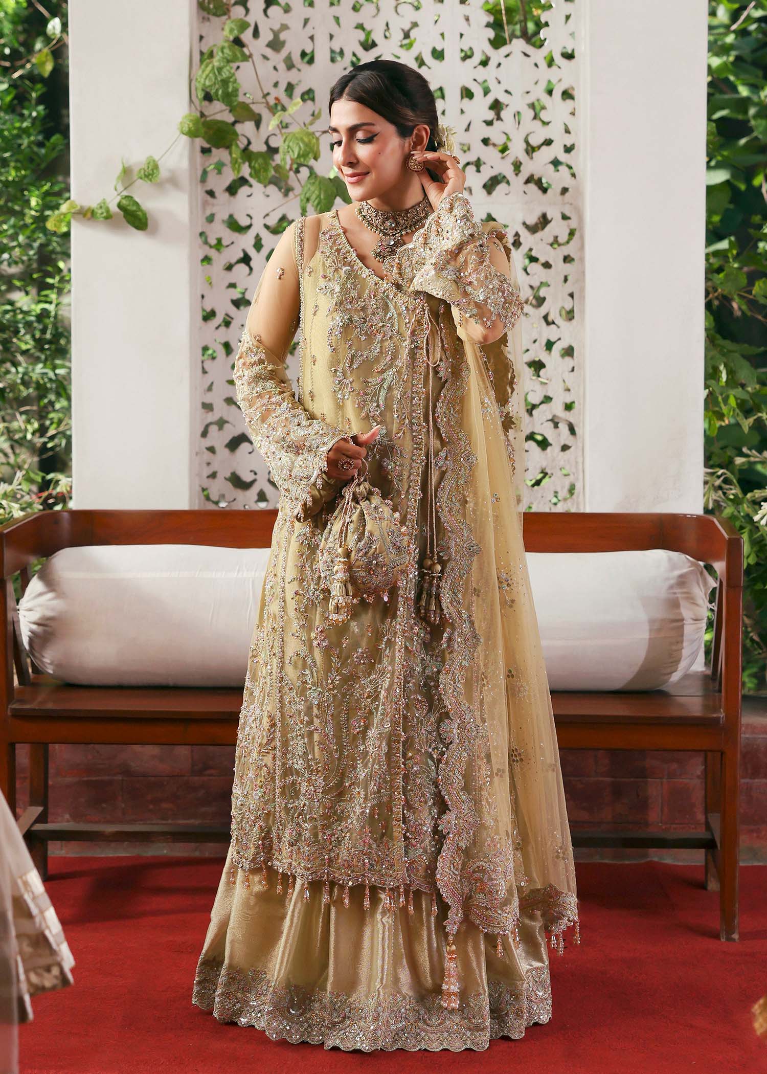Kanwal Malik Rukhsaar Champagne Angrakha with Sharara for Bridal wear, Guest of Formal Wedding - Pakistani Designer Wear for Women in UK | Kifat