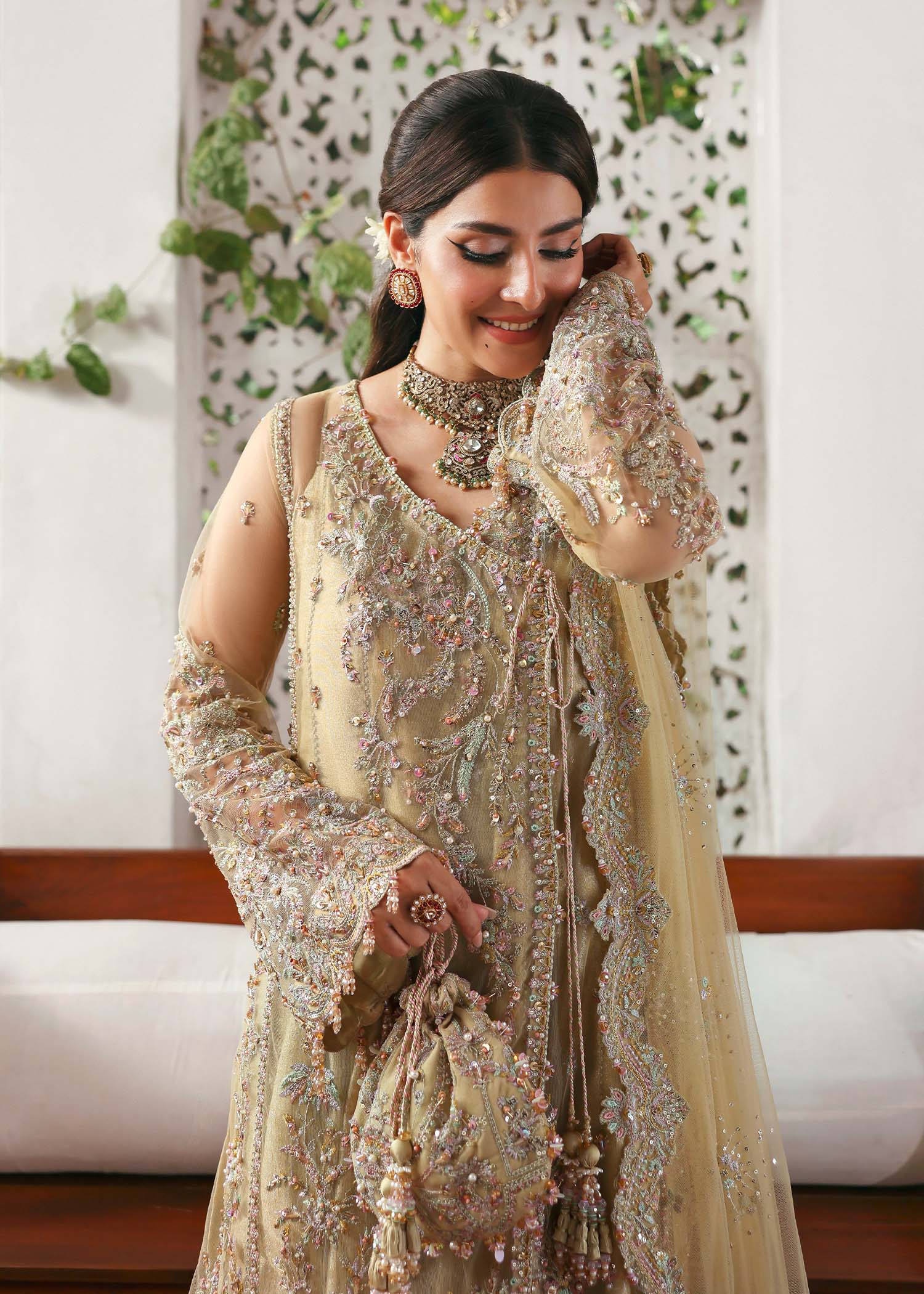 Kanwal Malik Rukhsaar Champagne Angrakha with Sharara for Bridal wear, Guest of Formal Wedding - Pakistani Designer Wear for Women in UK | Kifat