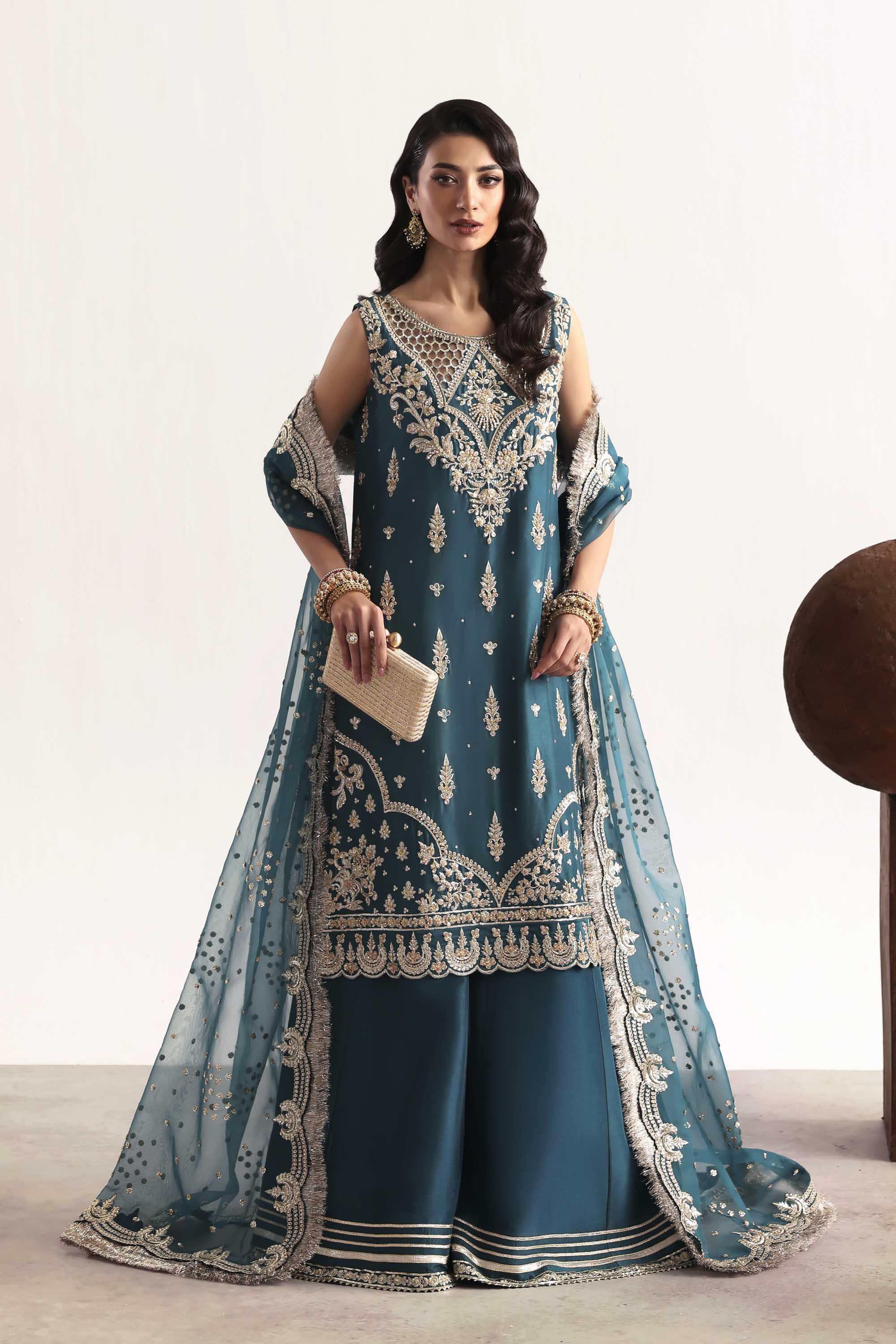 Women Wearing Teal Teal Long Shirt For Luxury Formals Events - Pakistani Designer Wear For Women In UK | Kifat