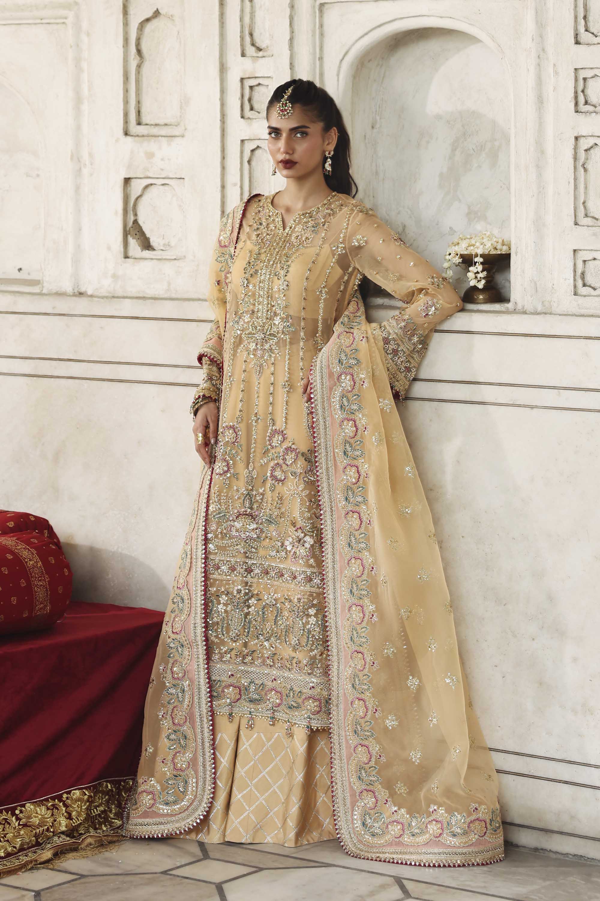 Women Wearing Mishil Beige Long Shirt For Formals Events - Pakistani Designer Wear For Women In UK | Kifat