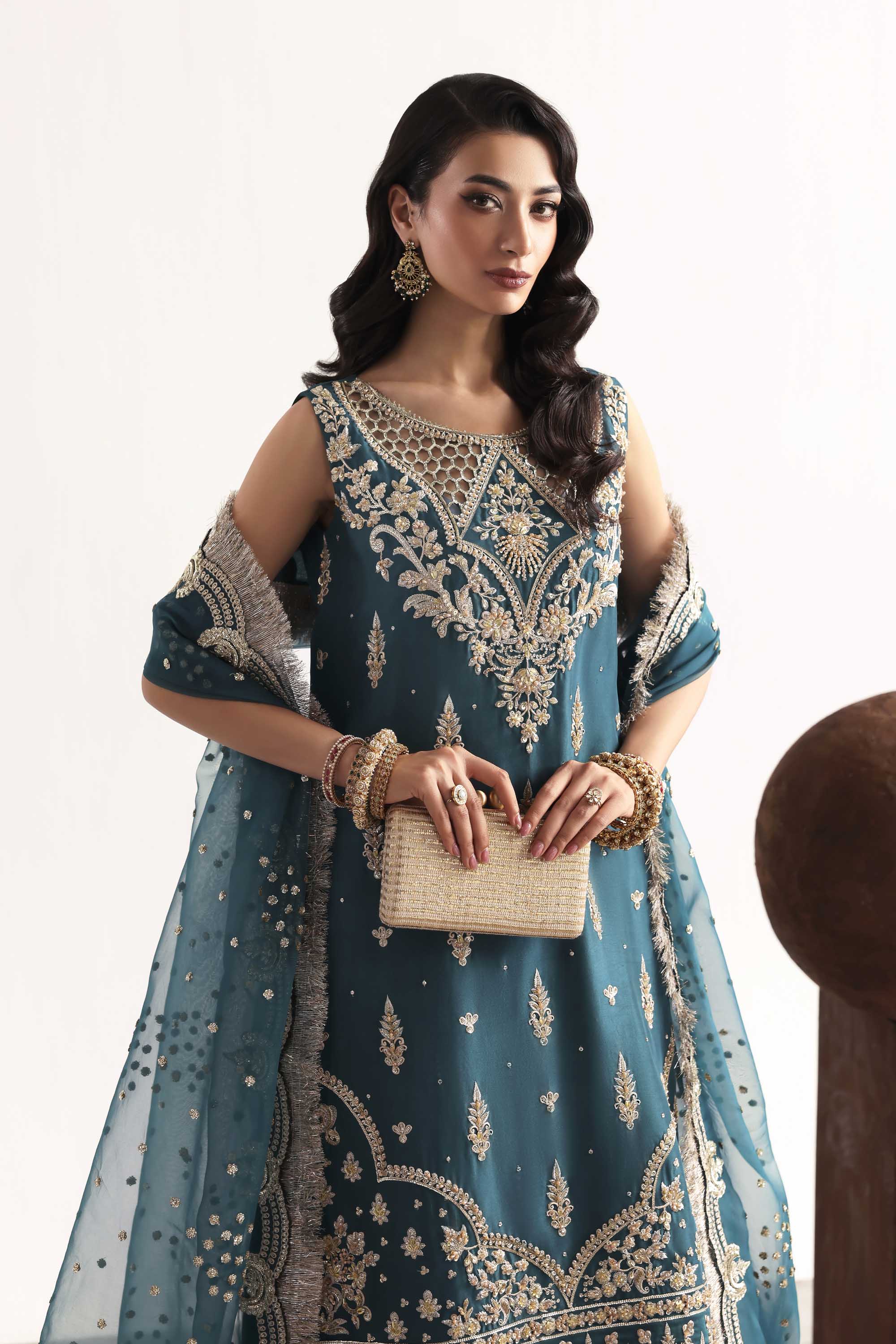 Women Wearing Teal Teal Long Shirt For Luxury Formals Events - Pakistani Designer Wear For Women In UK | Kifat