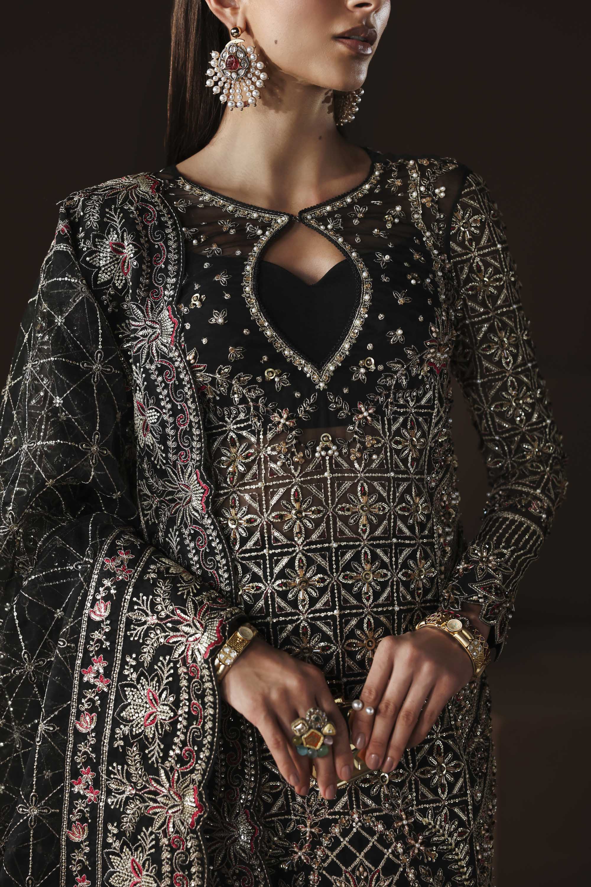 Women Wearing Noir Black Long Shirt For Luxury Formals Events - Pakistani Designer Wear For Women In UK | Kifat