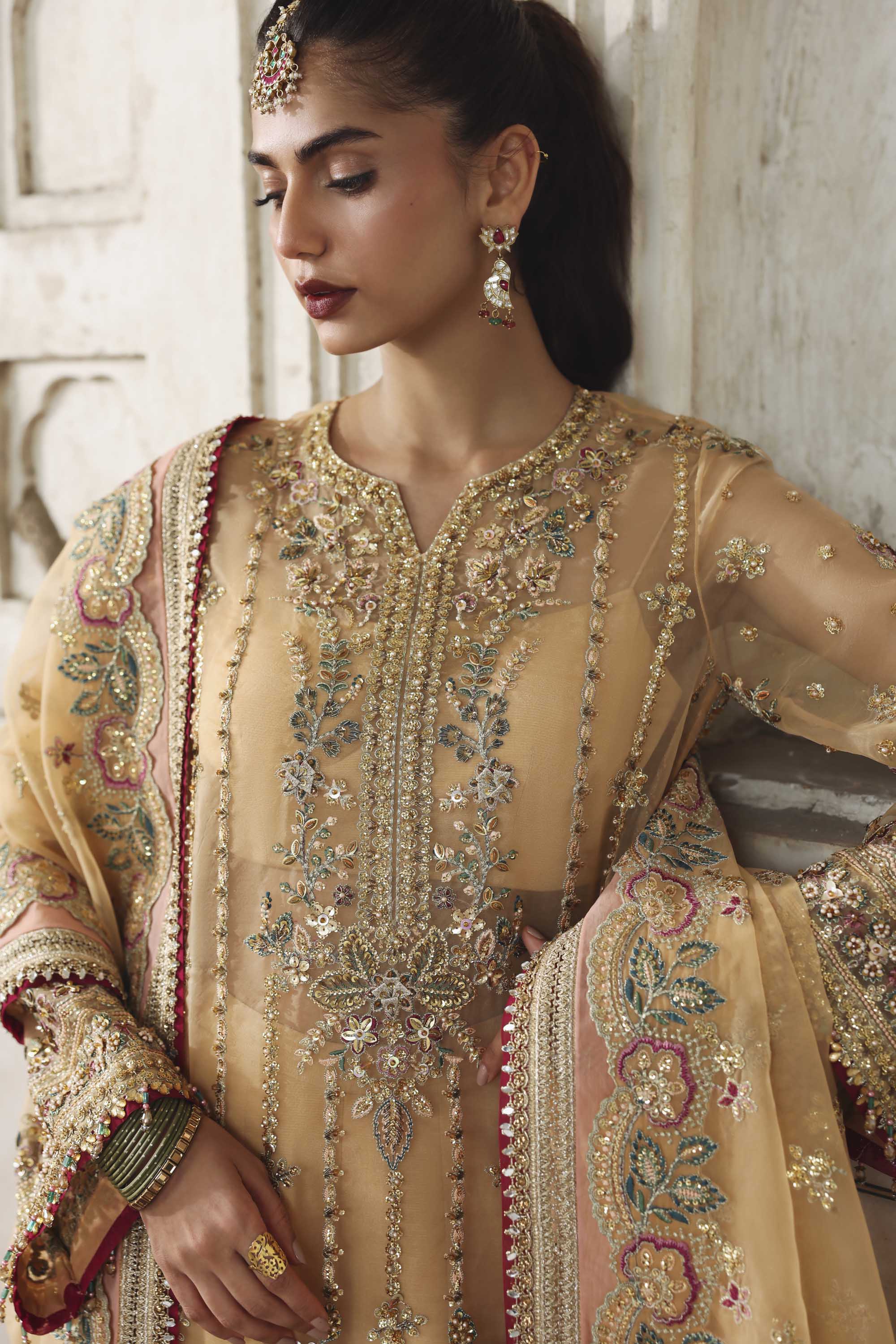 Women Wearing Mishil Beige Long Shirt For Formals Events - Pakistani Designer Wear For Women In UK | Kifat