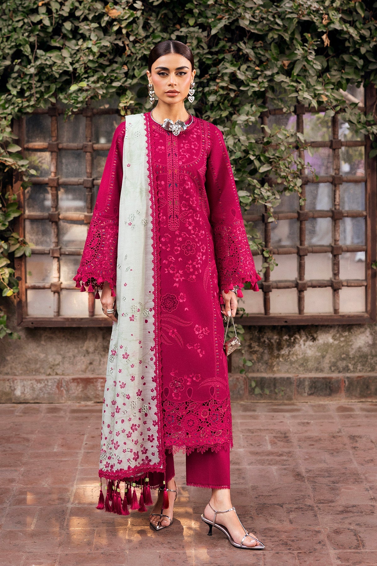 Women Wearing Embroidered Luxury Lawn SL26-D04 Shocking Pink Long Shirt for Festive Events - Pakistani Designer Wear for Women in UK | Kifat