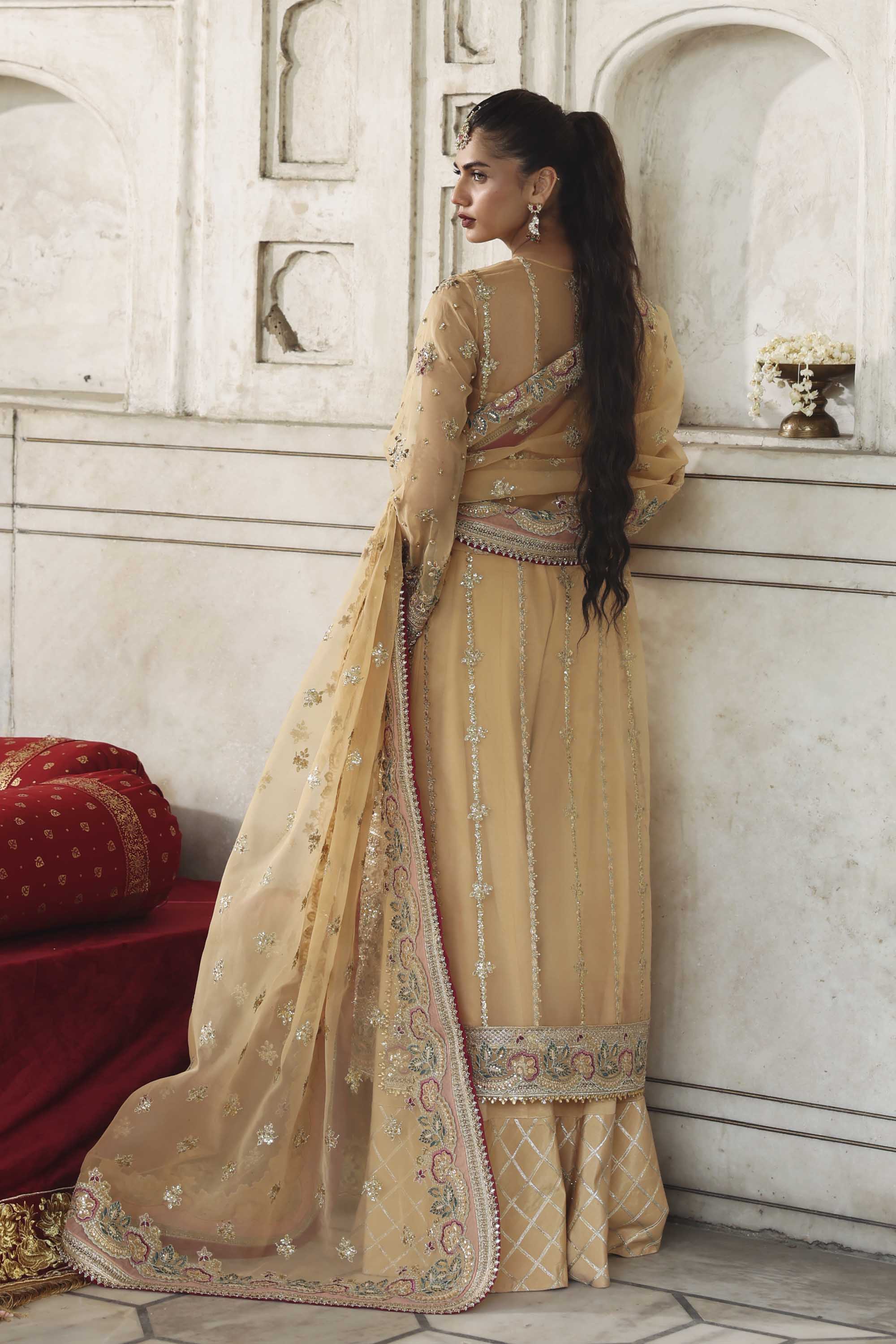 Women Wearing Mishil Beige Long Shirt For Formals Events - Pakistani Designer Wear For Women In UK | Kifat