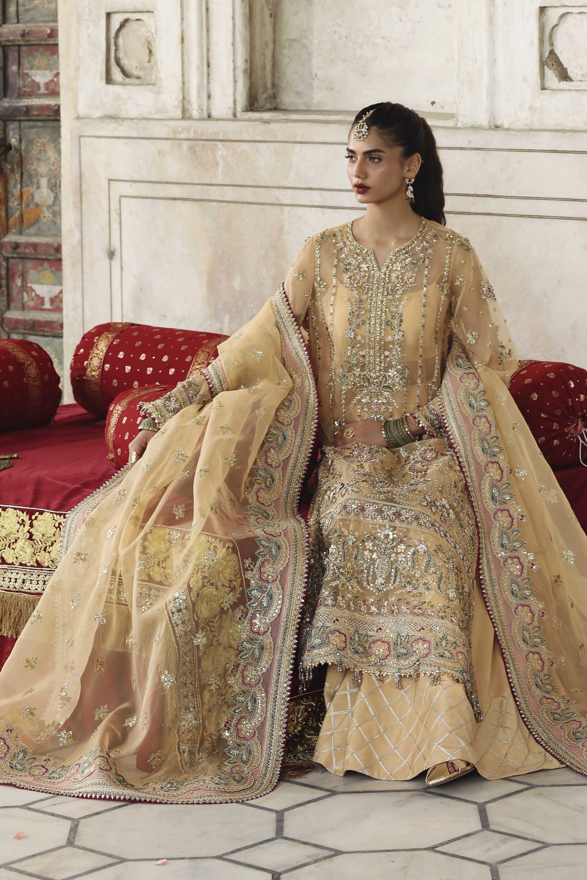 Women Wearing Mishil Beige Long Shirt For Formals Events - Pakistani Designer Wear For Women In UK | Kifat