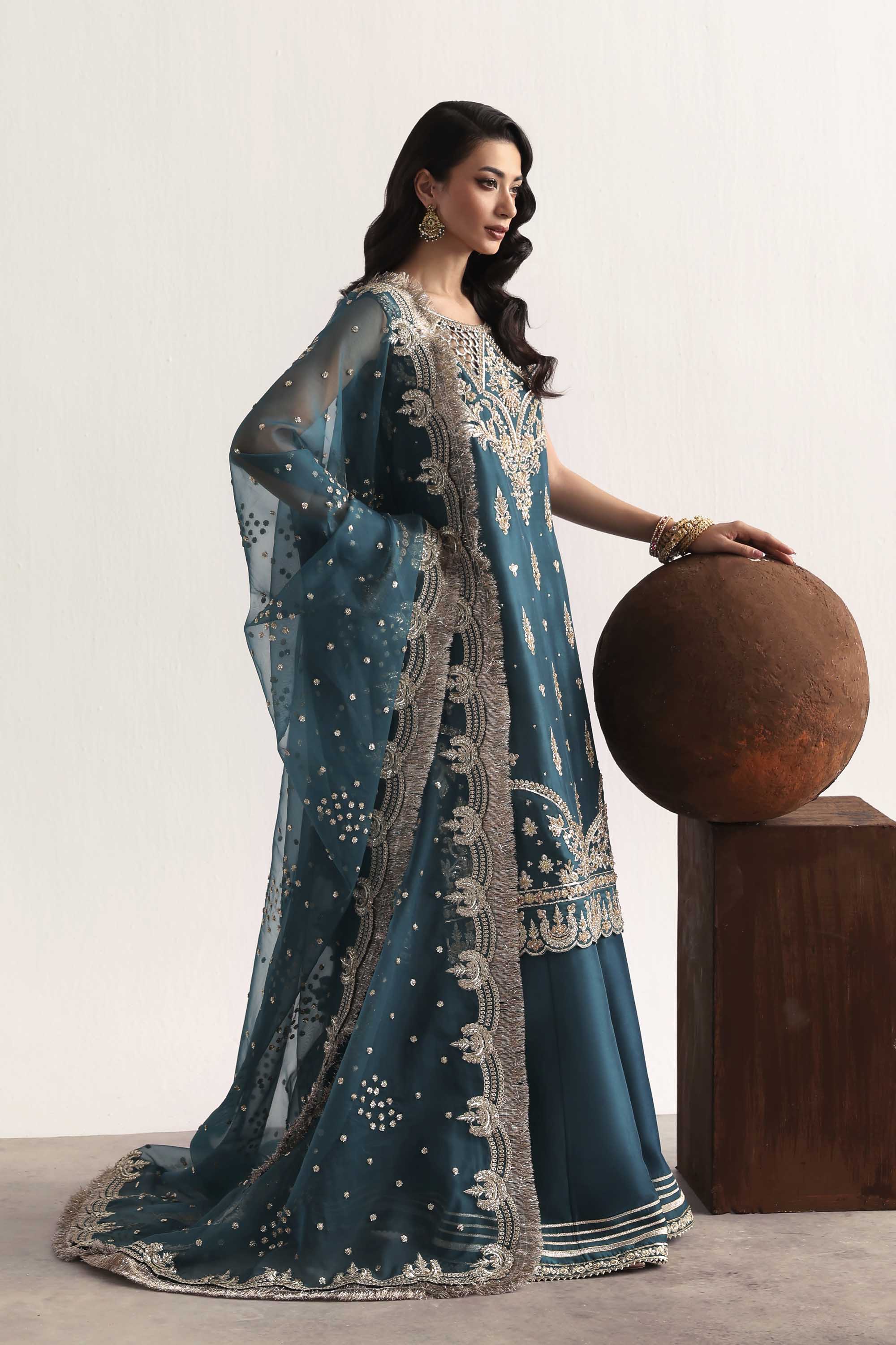 Women Wearing Teal Teal Long Shirt For Luxury Formals Events - Pakistani Designer Wear For Women In UK | Kifat