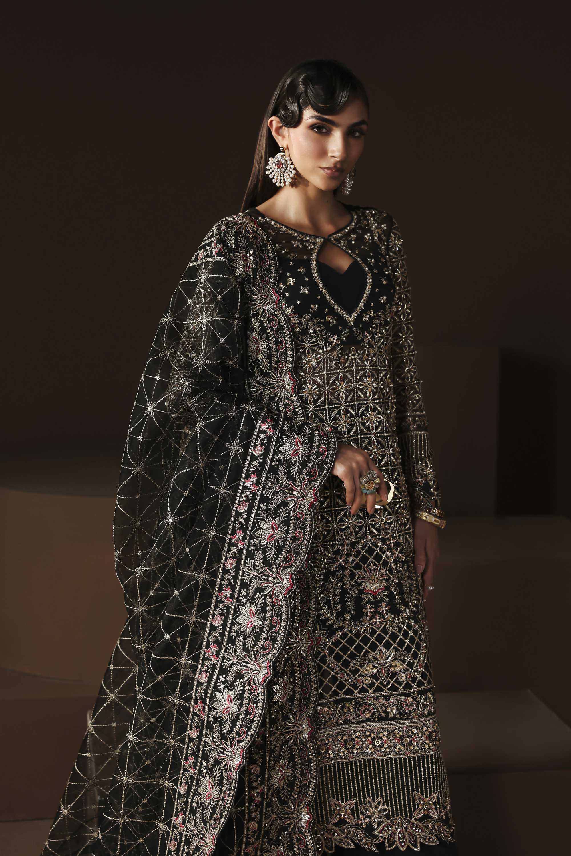 Women Wearing Noir Black Long Shirt For Luxury Formals Events - Pakistani Designer Wear For Women In UK | Kifat