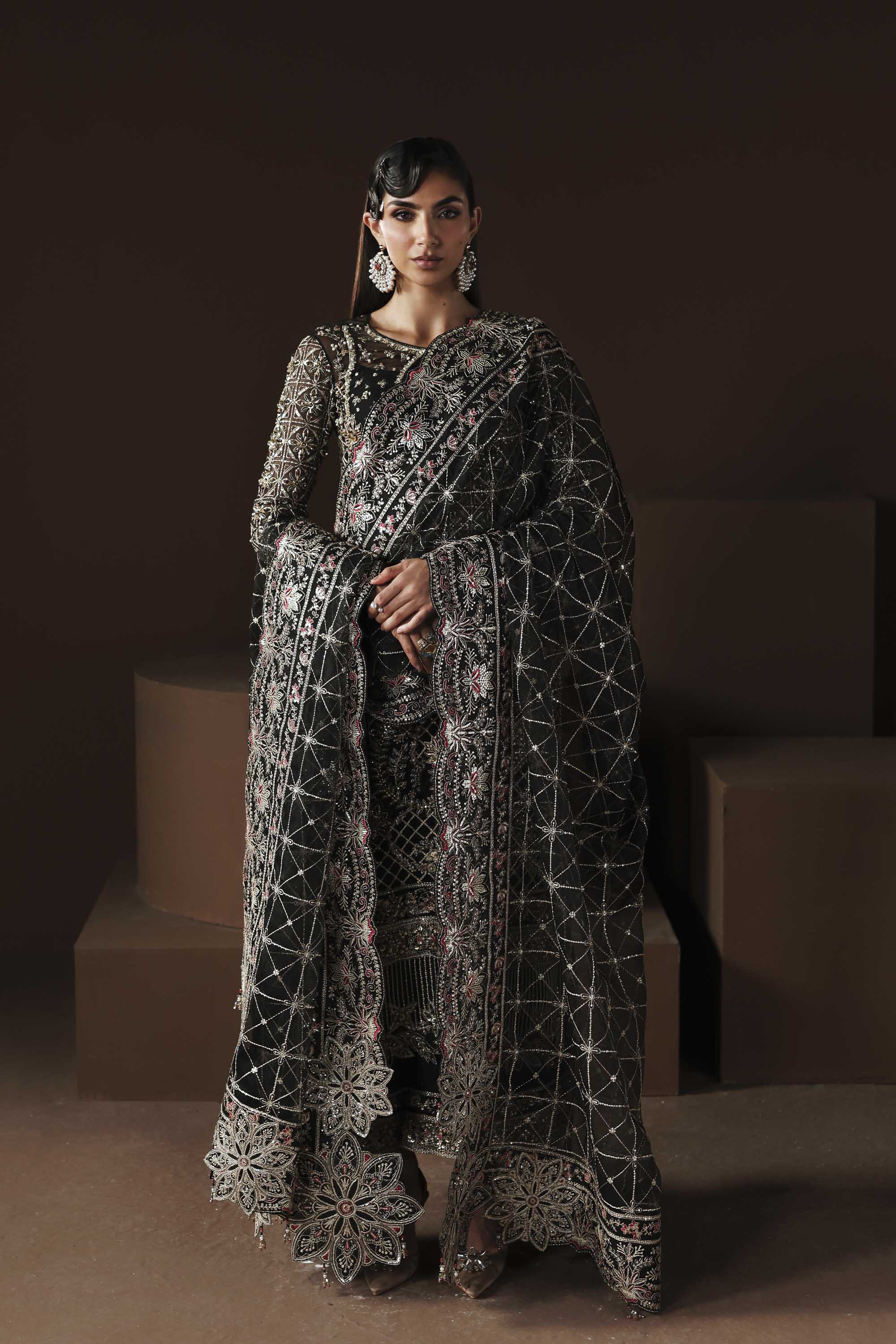 Women Wearing Noir Black Long Shirt For Luxury Formals Events - Pakistani Designer Wear For Women In UK | Kifat