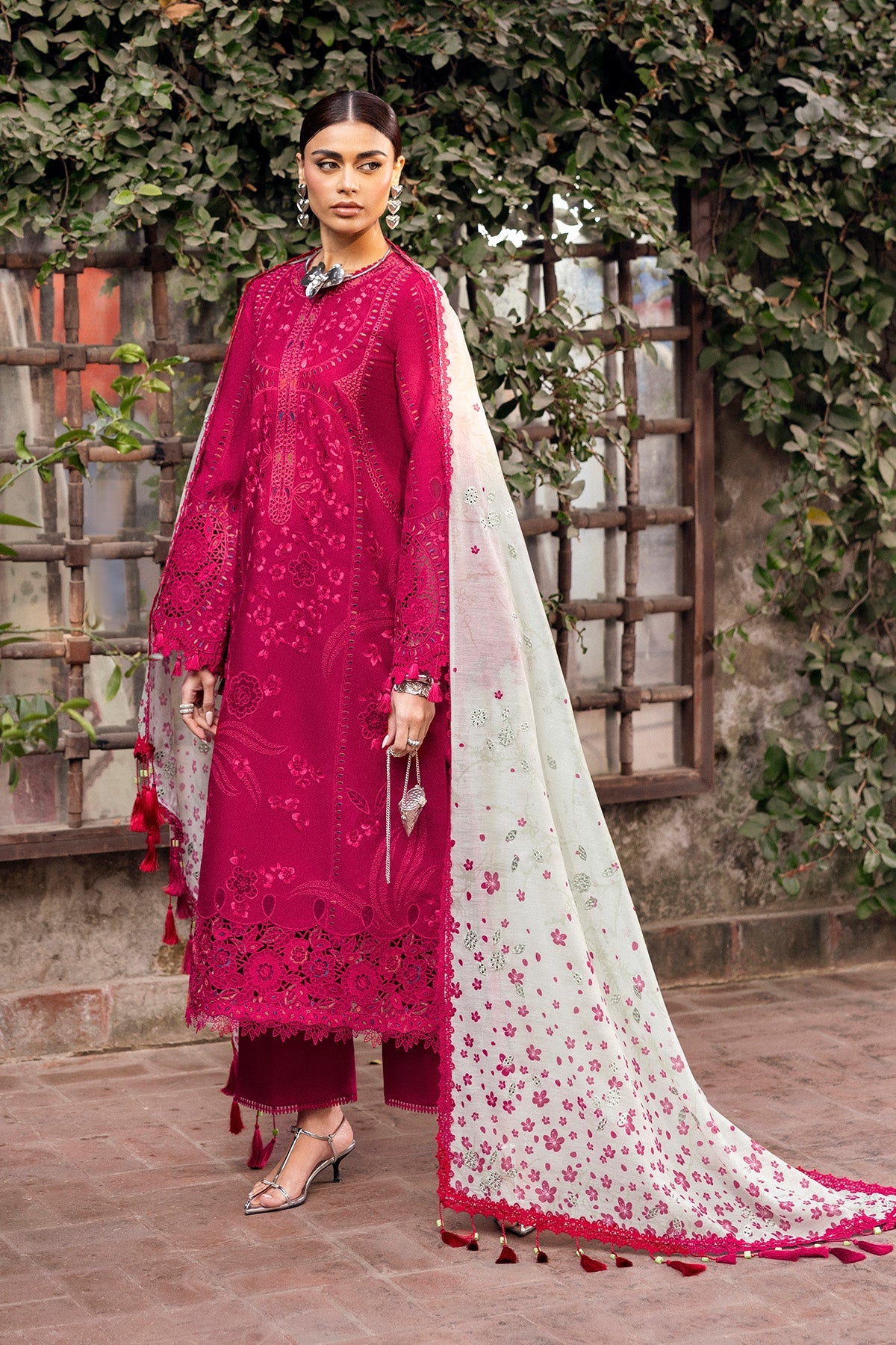 Women Wearing Embroidered Luxury Lawn SL26-D04 Shocking Pink Long Shirt for Festive Events - Pakistani Designer Wear for Women in UK | Kifat