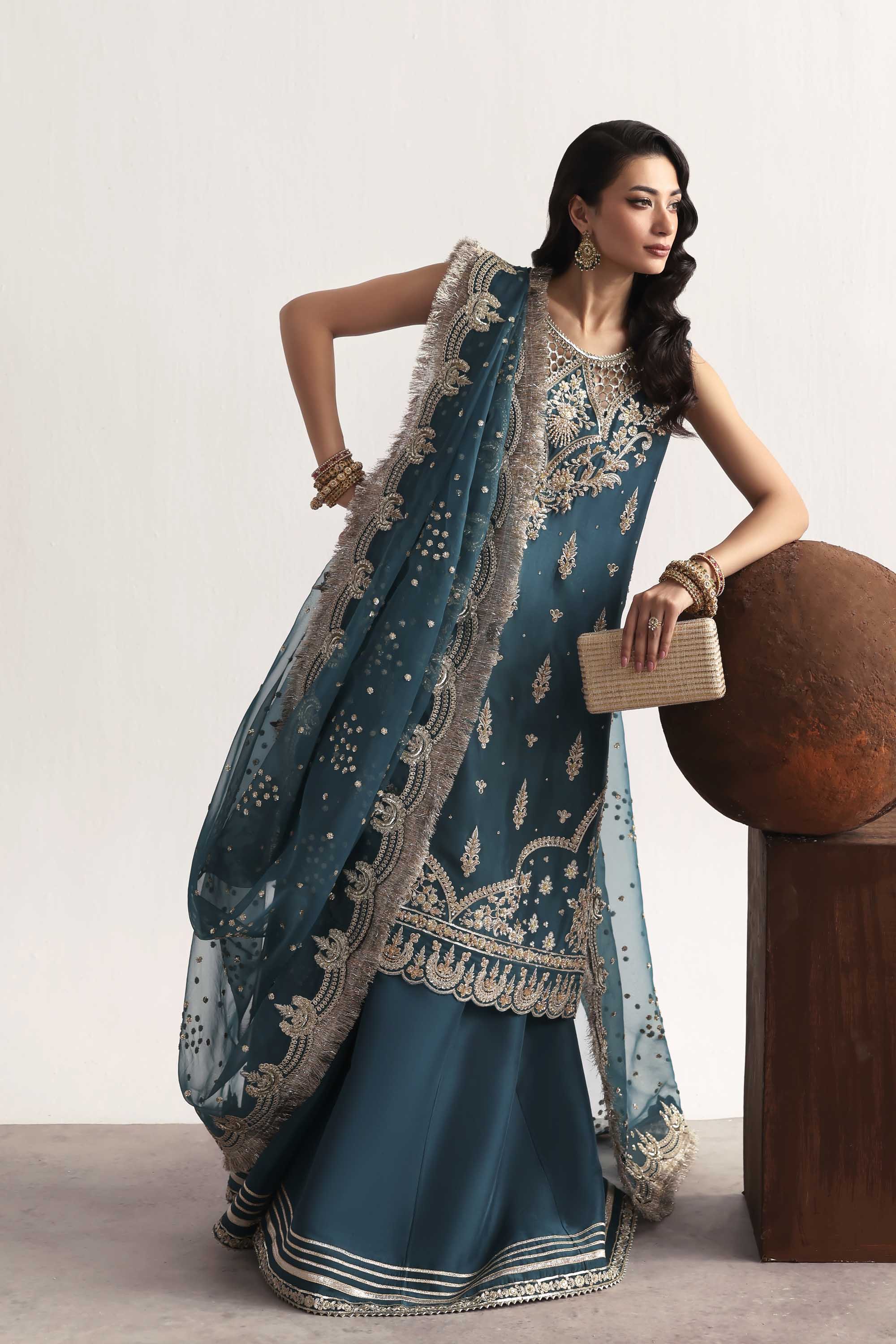 Women Wearing Teal Teal Long Shirt For Luxury Formals Events - Pakistani Designer Wear For Women In UK | Kifat