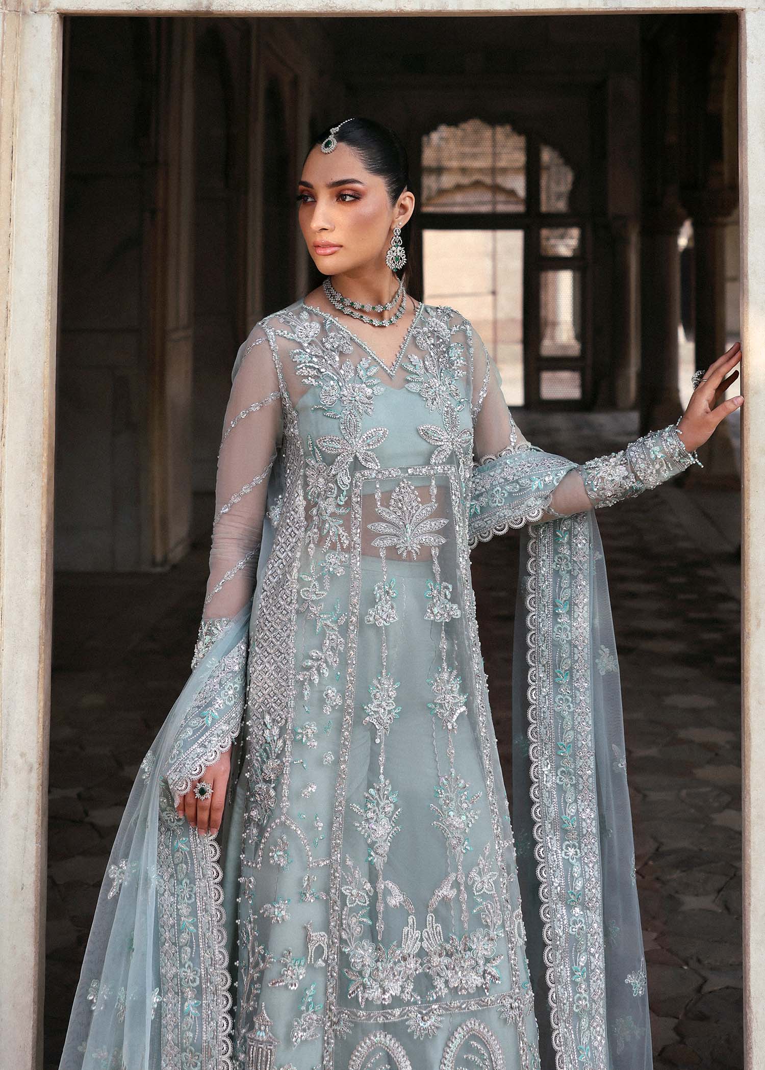 Women Wearing Mahrosh Ice Blue Long Shirt For Luxury Formals Events - Pakistani Designer Wear For Women In UK | Kifat