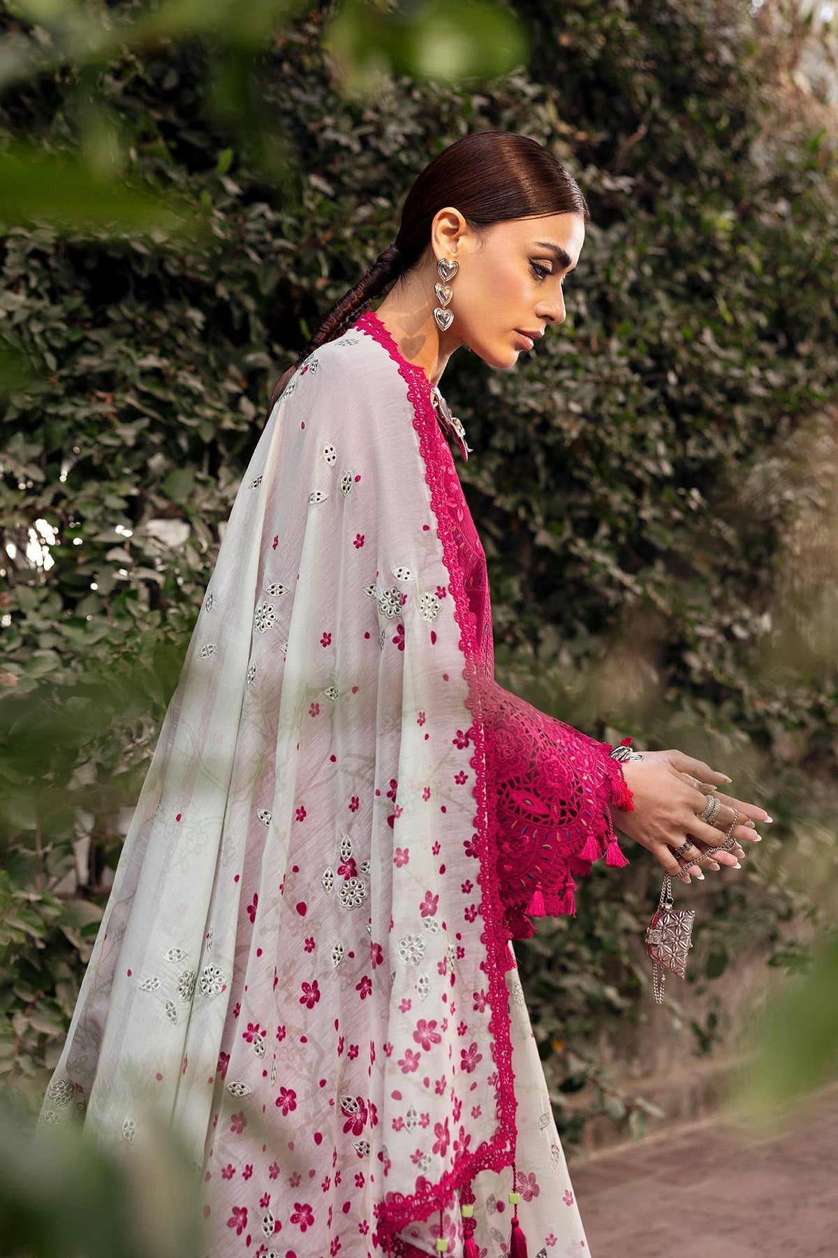 Women Wearing Embroidered Luxury Lawn SL26-D04 Shocking Pink Long Shirt for Festive Events - Pakistani Designer Wear for Women in UK | Kifat
