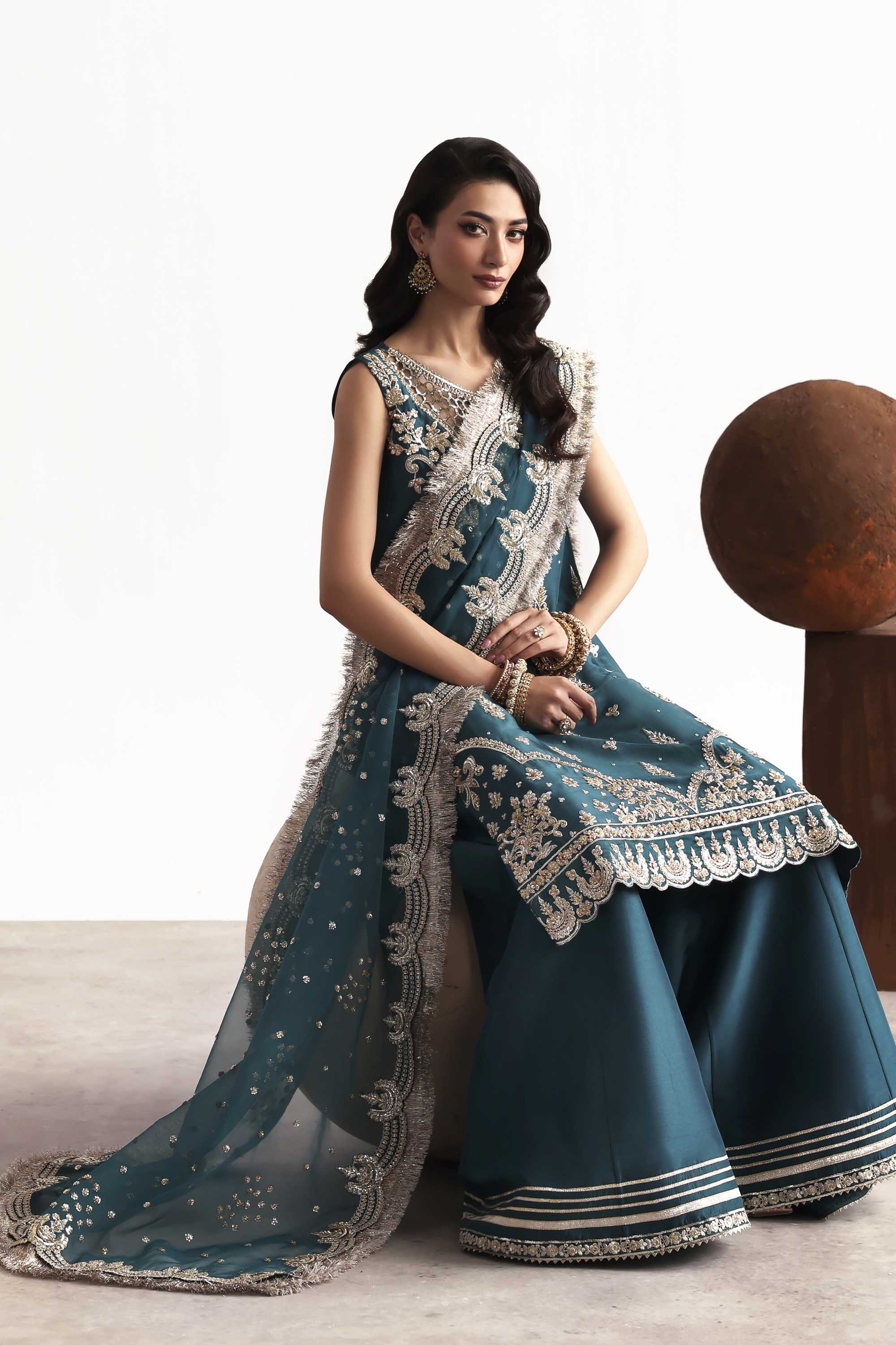 Women Wearing Teal Teal Long Shirt For Luxury Formals Events - Pakistani Designer Wear For Women In UK | Kifat