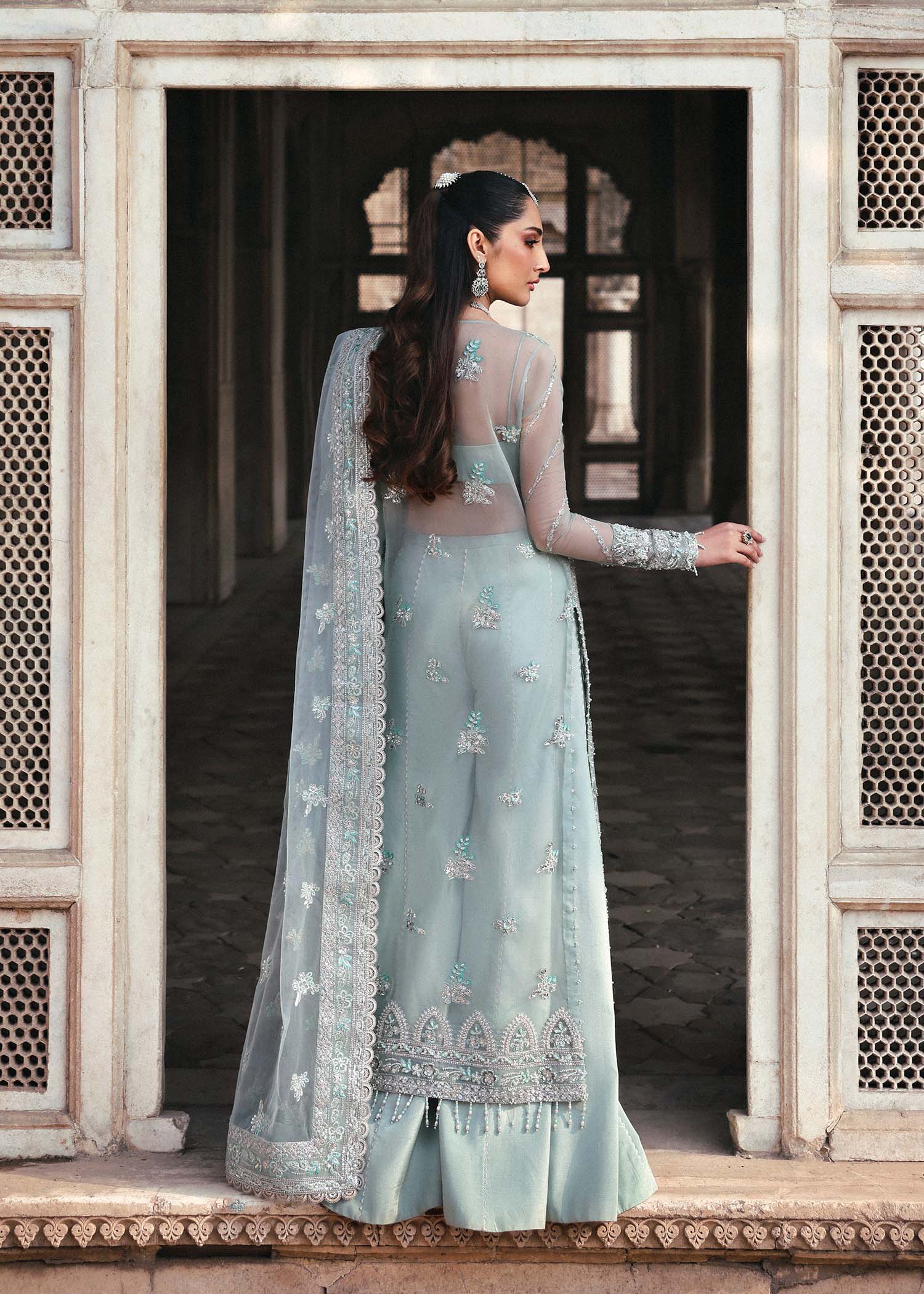 Women Wearing Mahrosh Ice Blue Long Shirt For Luxury Formals Events - Pakistani Designer Wear For Women In UK | Kifat