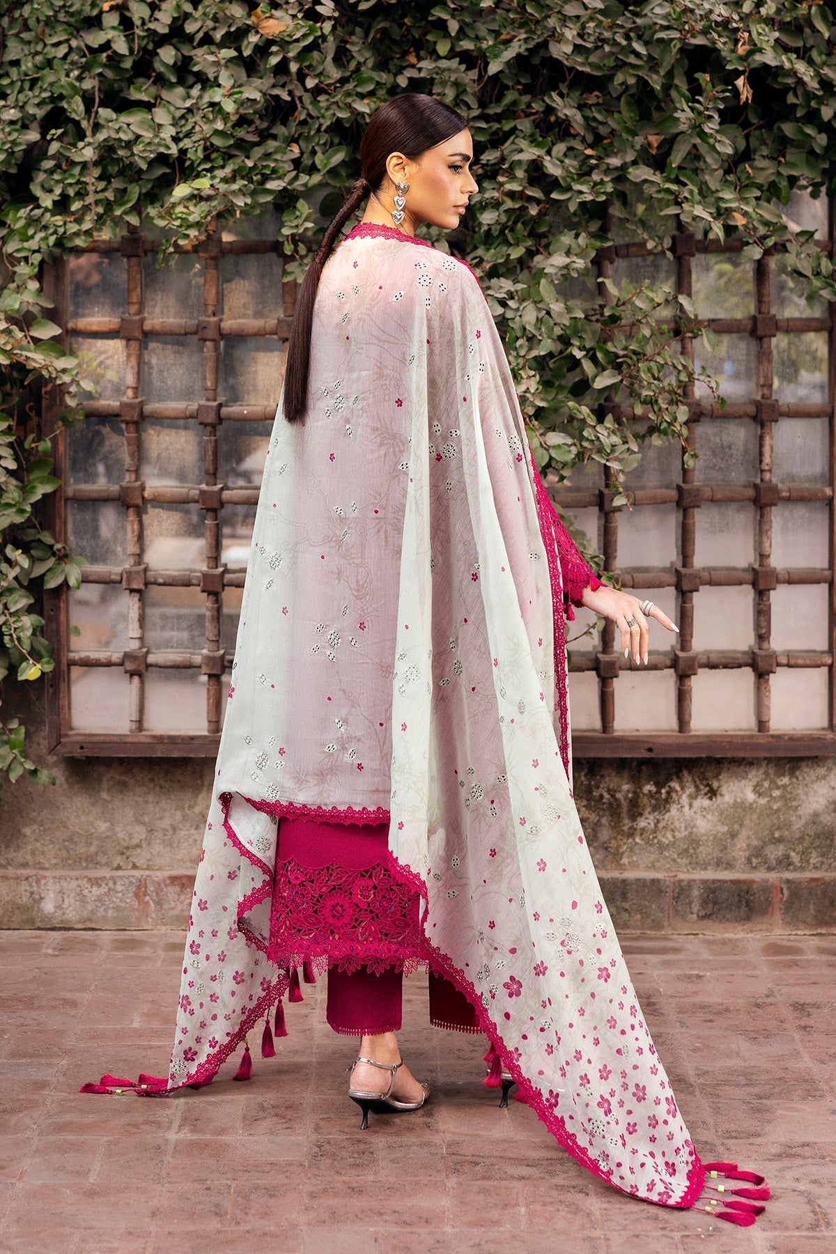 Women Wearing Embroidered Luxury Lawn SL26-D04 Shocking Pink Long Shirt for Festive Events - Pakistani Designer Wear for Women in UK | Kifat