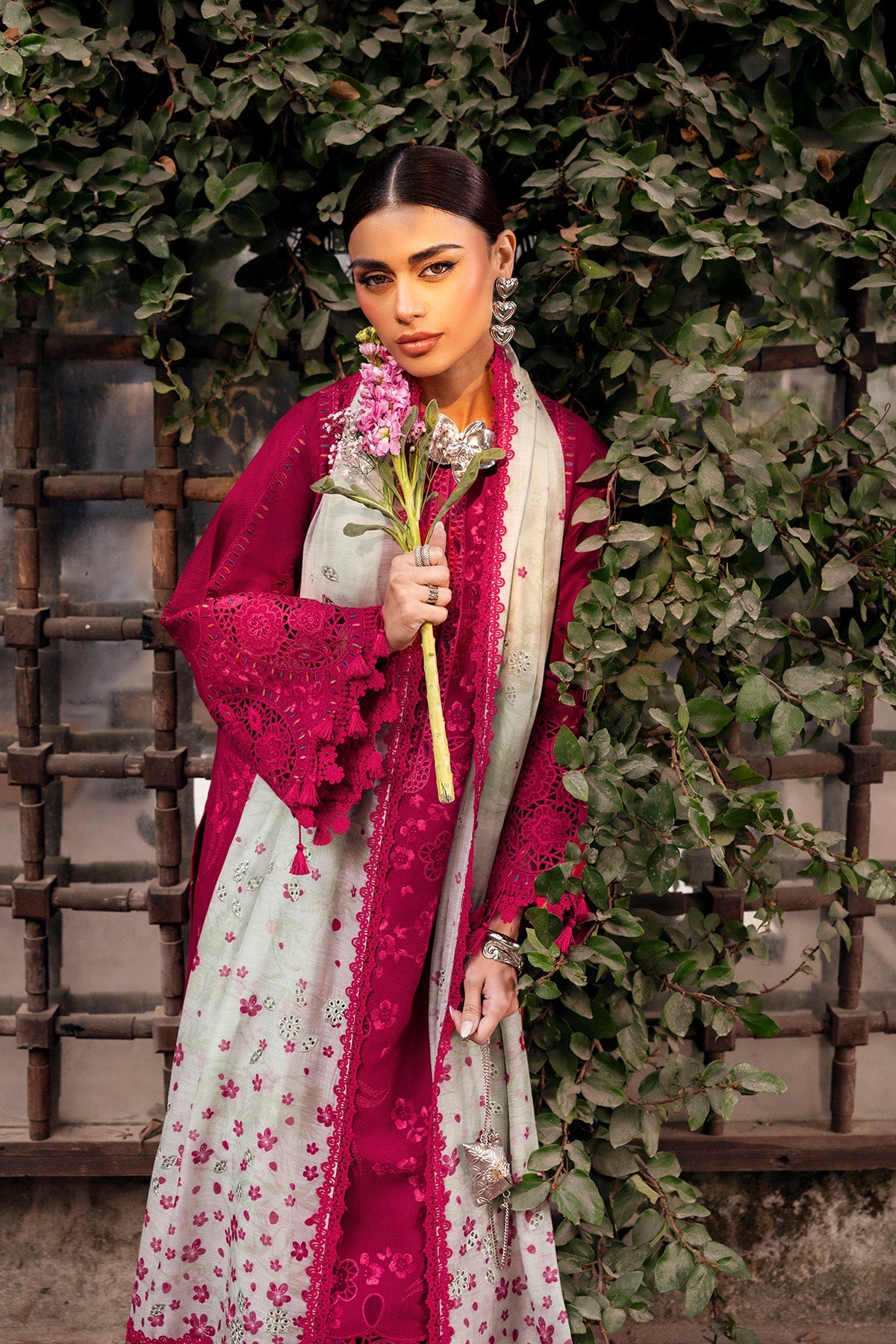Women Wearing Embroidered Luxury Lawn SL26-D04 Shocking Pink Long Shirt for Festive Events - Pakistani Designer Wear for Women in UK | Kifat