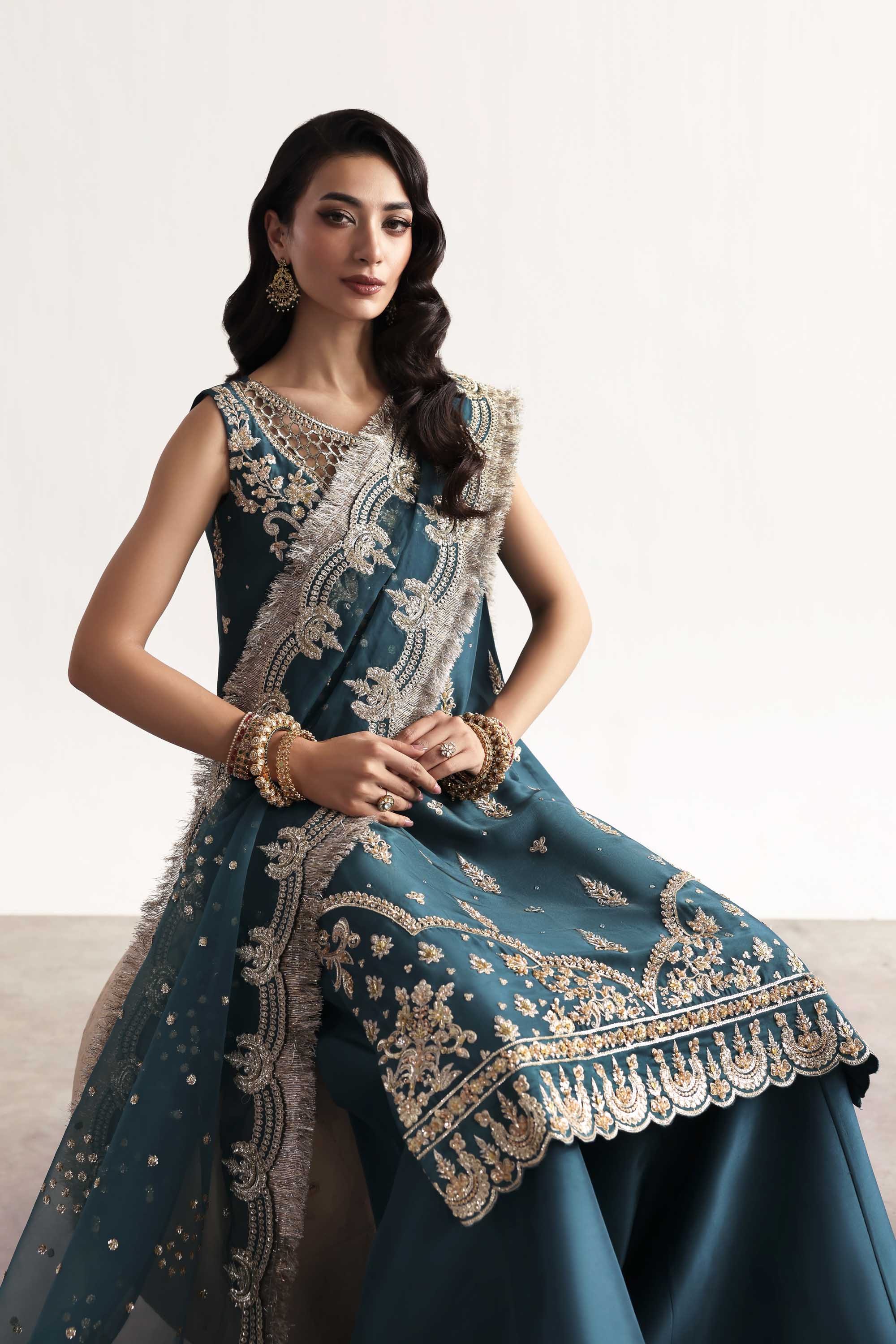 Women Wearing Teal Teal Long Shirt For Luxury Formals Events - Pakistani Designer Wear For Women In UK | Kifat