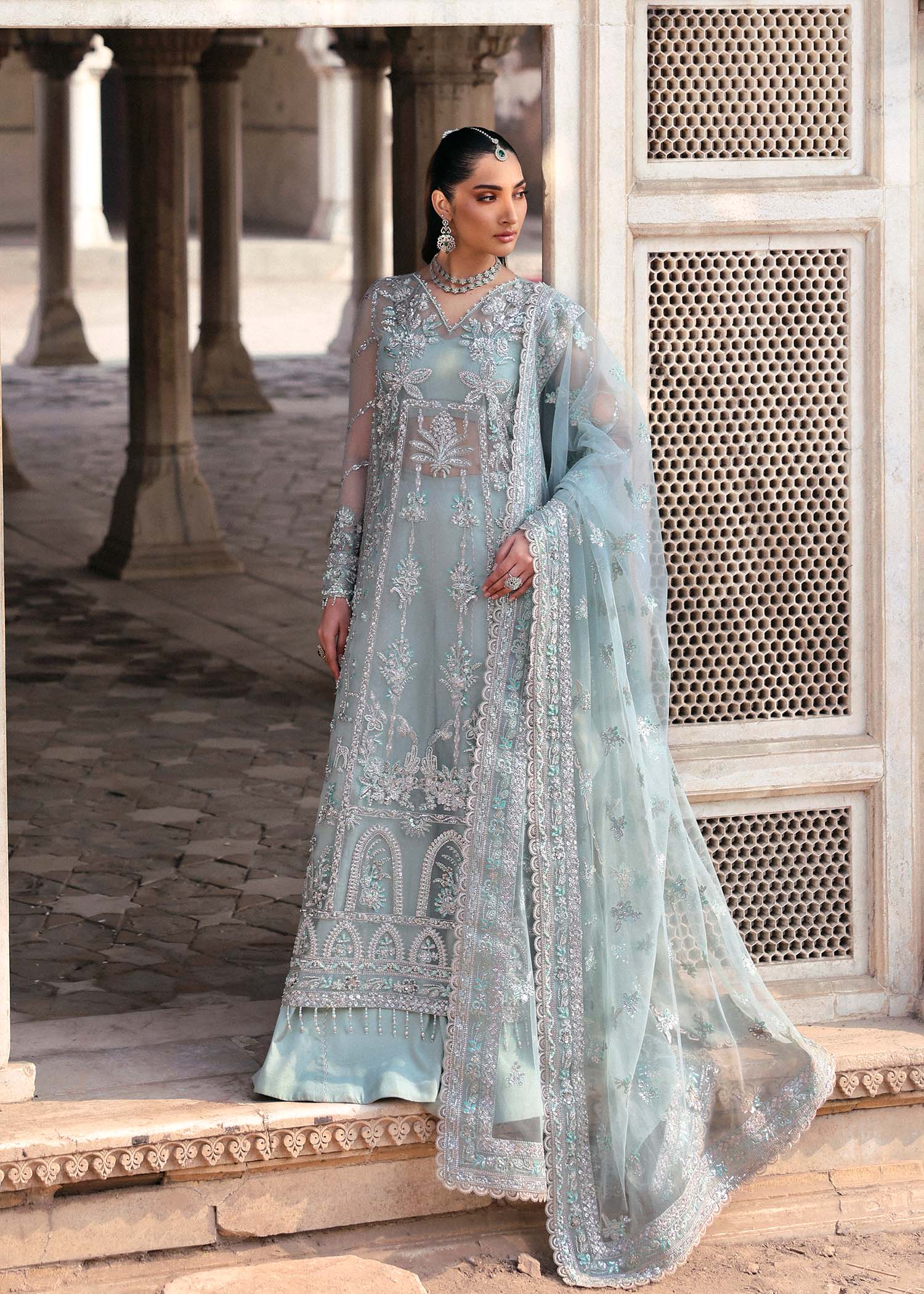 Women Wearing Mahrosh Ice Blue Long Shirt For Luxury Formals Events - Pakistani Designer Wear For Women In UK | Kifat