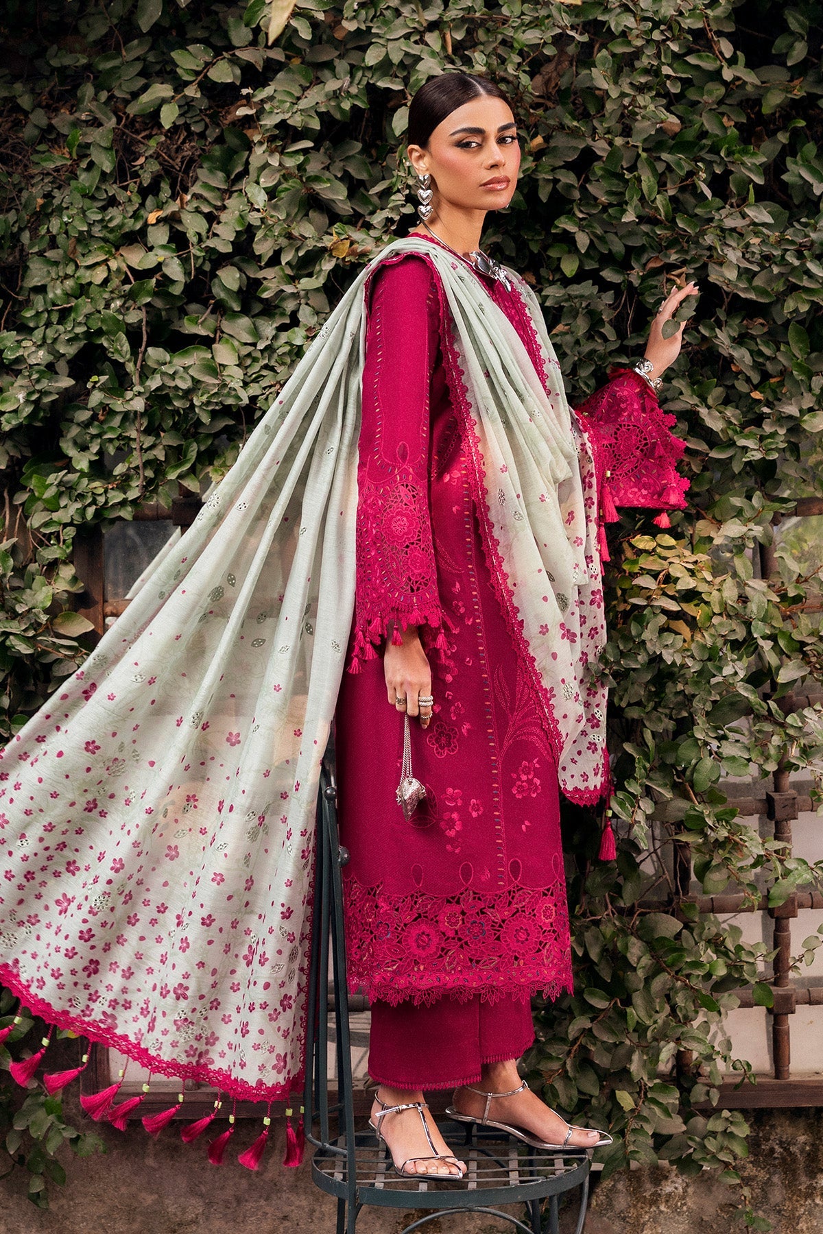 Women Wearing Embroidered Luxury Lawn SL26-D04 Shocking Pink Long Shirt for Festive Events - Pakistani Designer Wear for Women in UK | Kifat