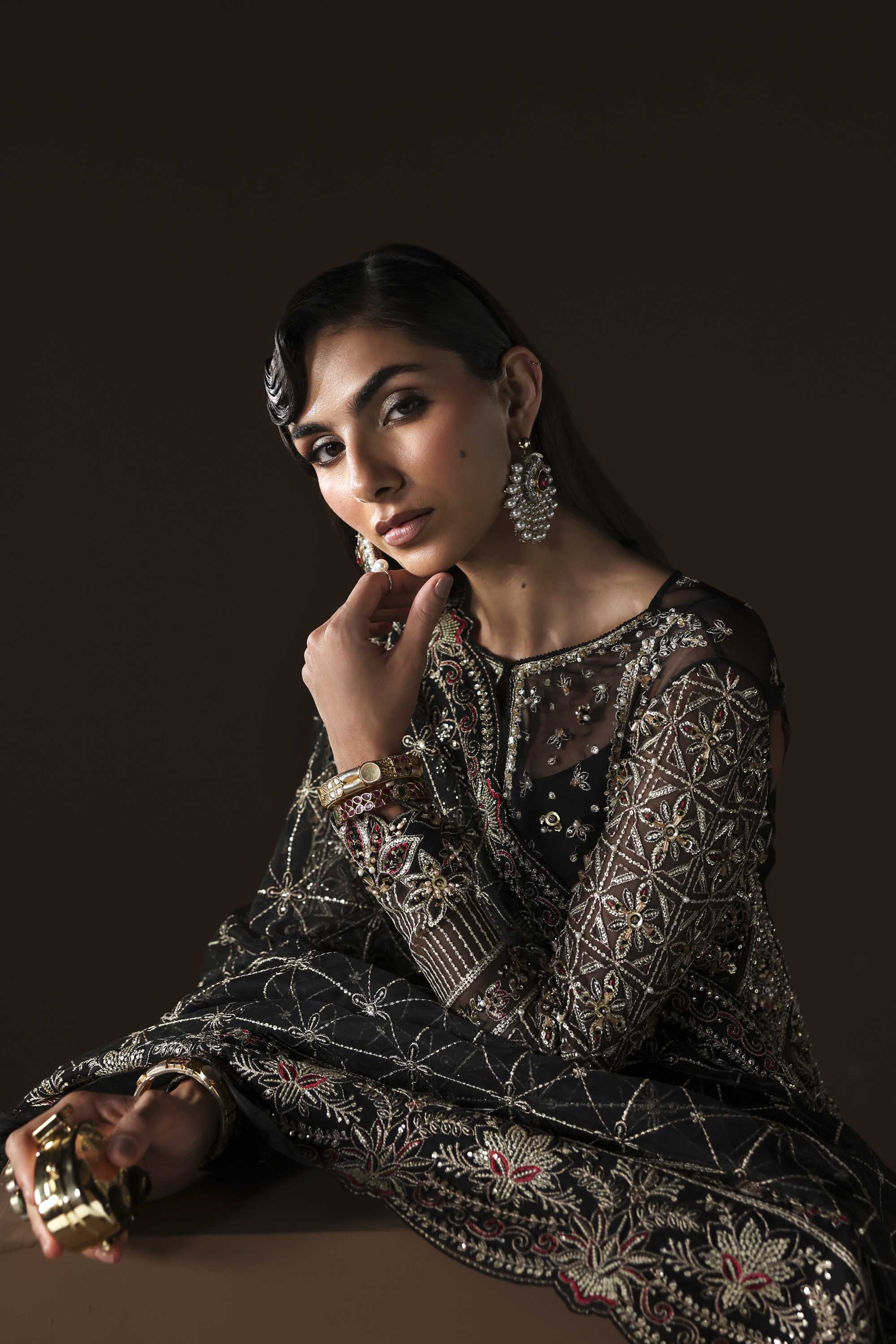 Women Wearing Noir Black Long Shirt For Luxury Formals Events - Pakistani Designer Wear For Women In UK | Kifat