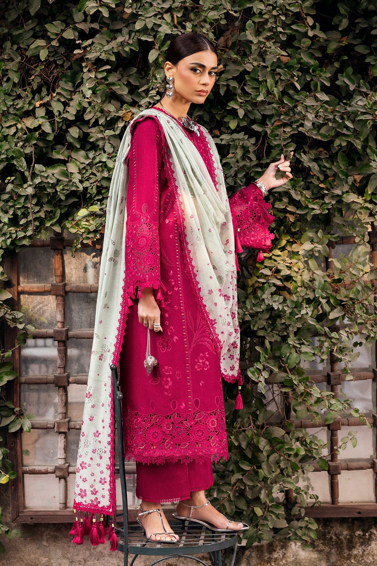 Women Wearing Embroidered Luxury Lawn SL26-D04 Shocking Pink Long Shirt for Festive Events - Pakistani Designer Wear for Women in UK | Kifat