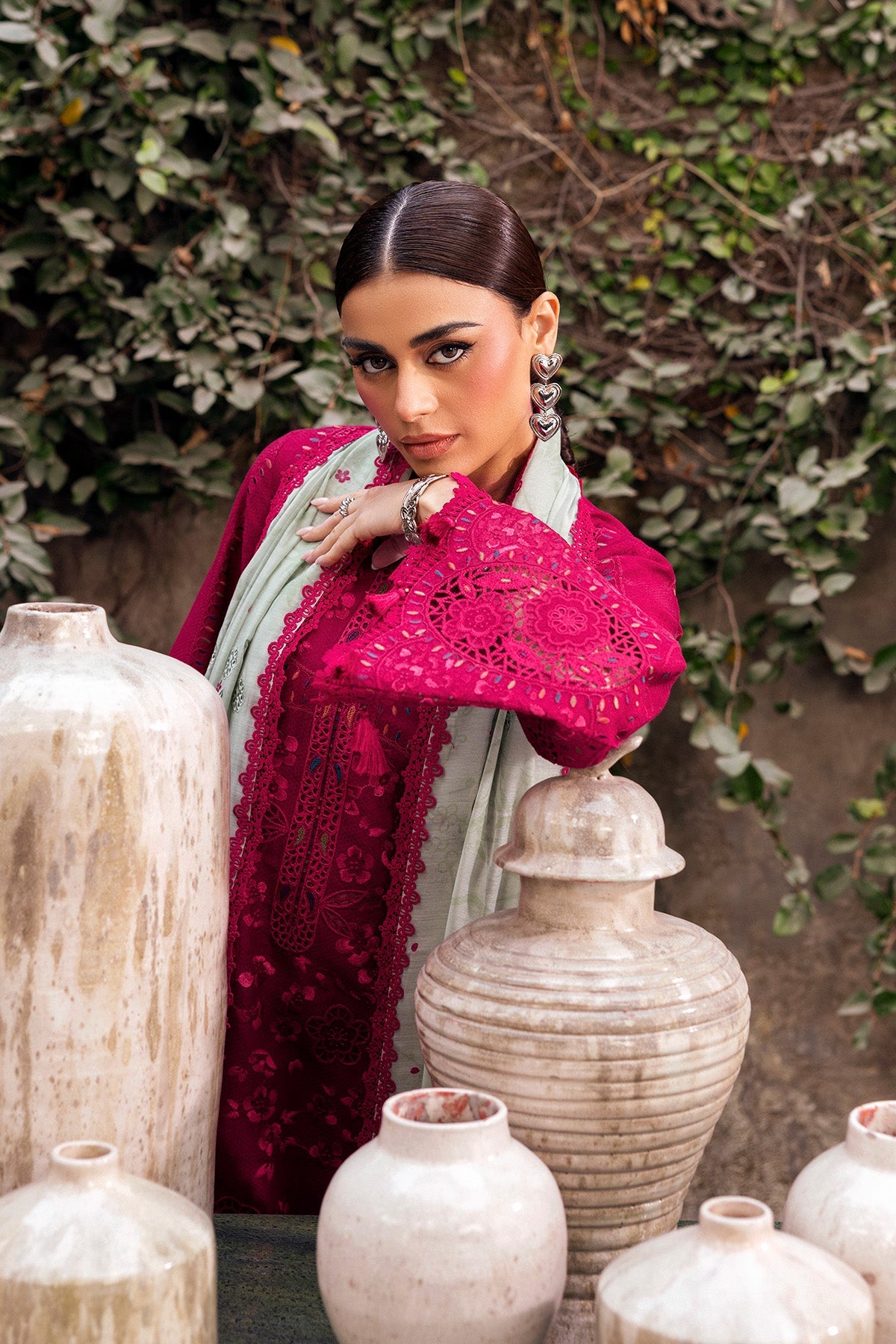 Women Wearing Embroidered Luxury Lawn SL26-D04 Shocking Pink Long Shirt for Festive Events - Pakistani Designer Wear for Women in UK | Kifat