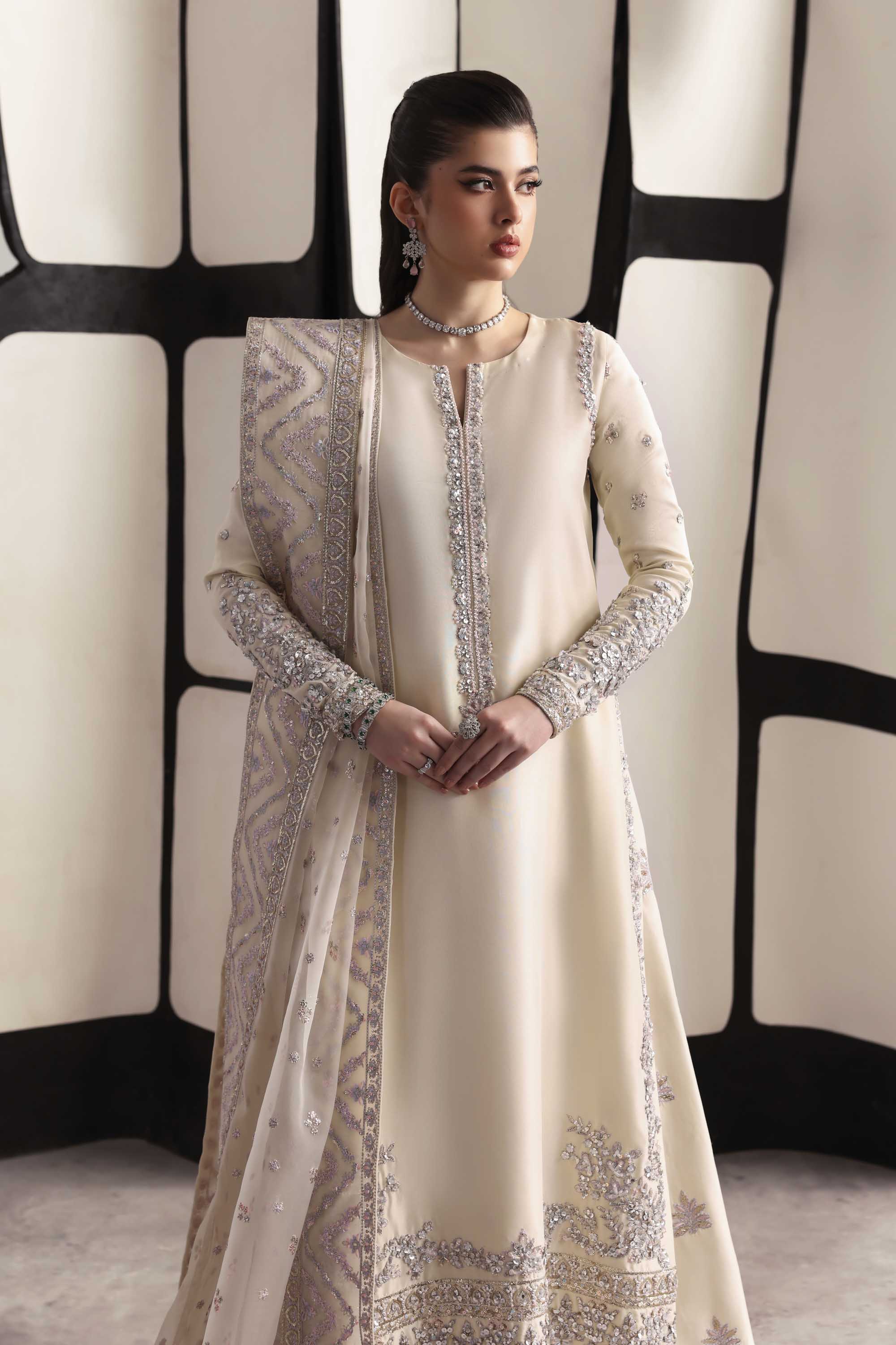 Women Wearing Raue Cream Long Shirt For Luxury Formals Events - Pakistani Designer Wear For Women In UK | Kifat