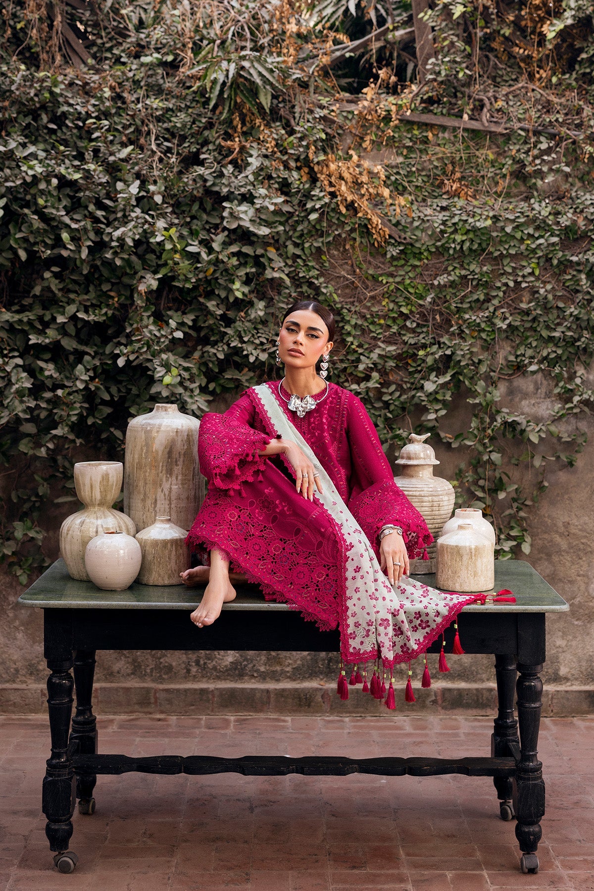 Women Wearing Embroidered Luxury Lawn SL26-D04 Shocking Pink Long Shirt for Festive Events - Pakistani Designer Wear for Women in UK | Kifat