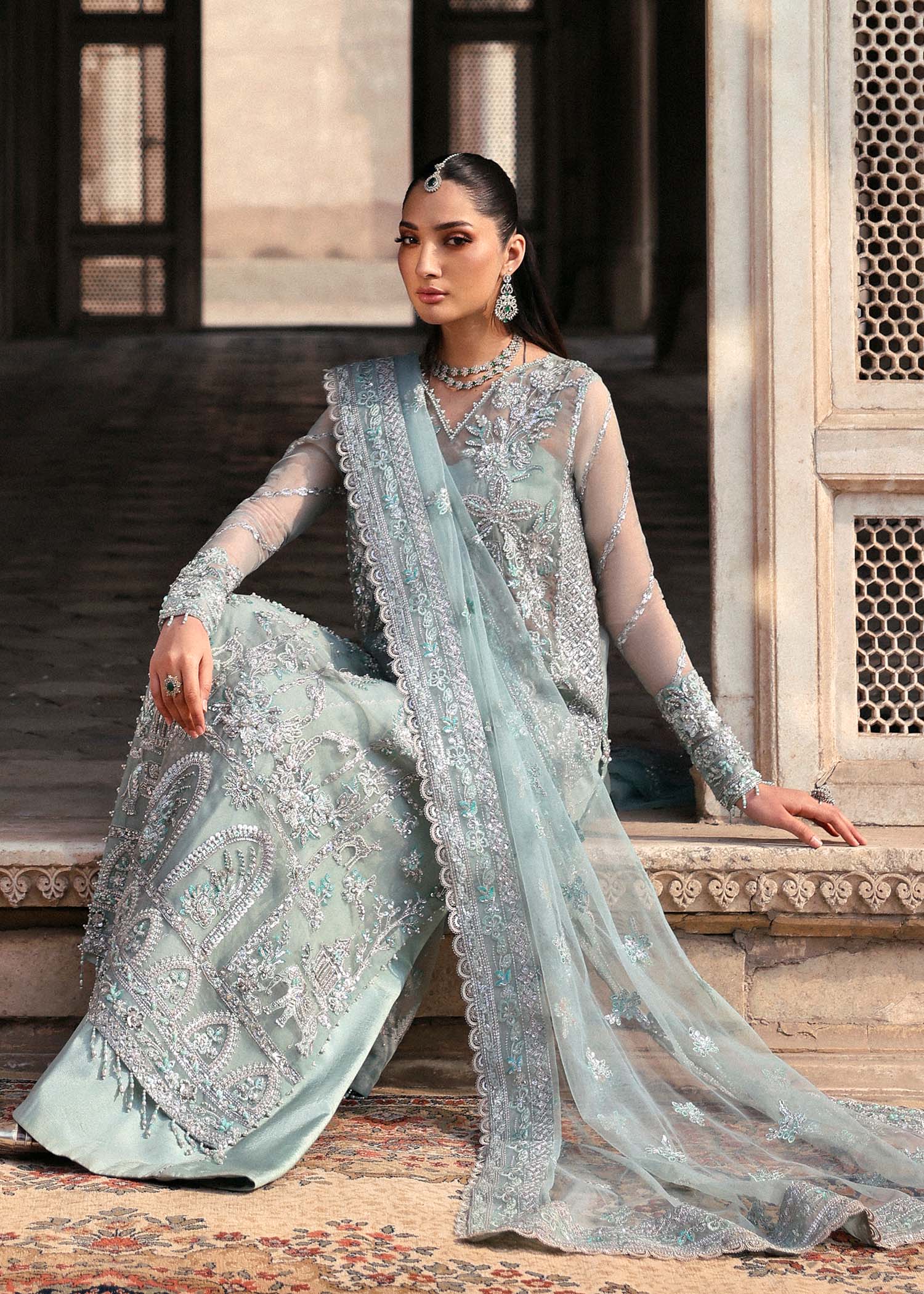Women Wearing Mahrosh Ice Blue Long Shirt For Luxury Formals Events - Pakistani Designer Wear For Women In UK | Kifat