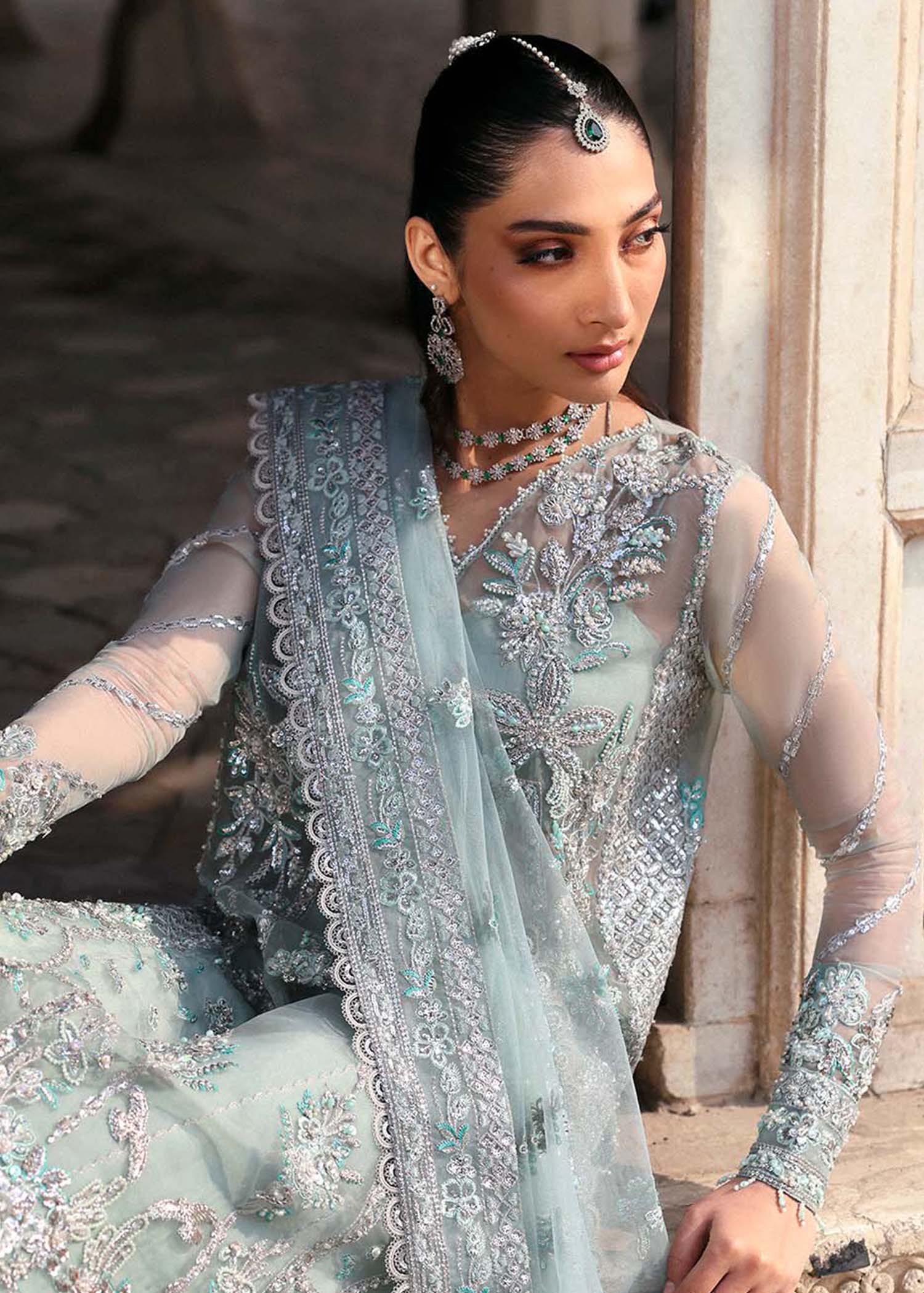Women Wearing Mahrosh Ice Blue Long Shirt For Luxury Formals Events - Pakistani Designer Wear For Women In UK | Kifat