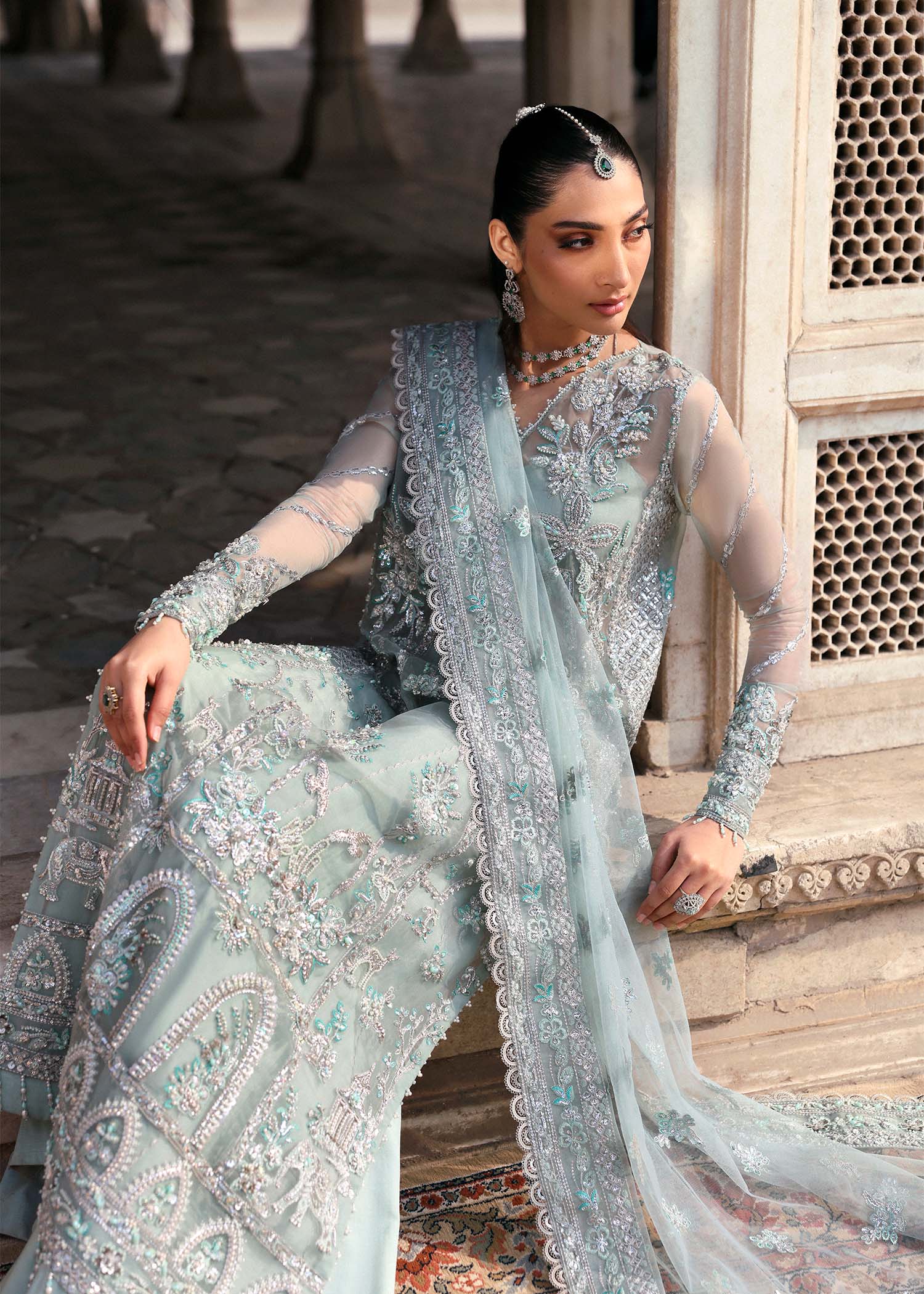 Women Wearing Mahrosh Ice Blue Long Shirt For Luxury Formals Events - Pakistani Designer Wear For Women In UK | Kifat