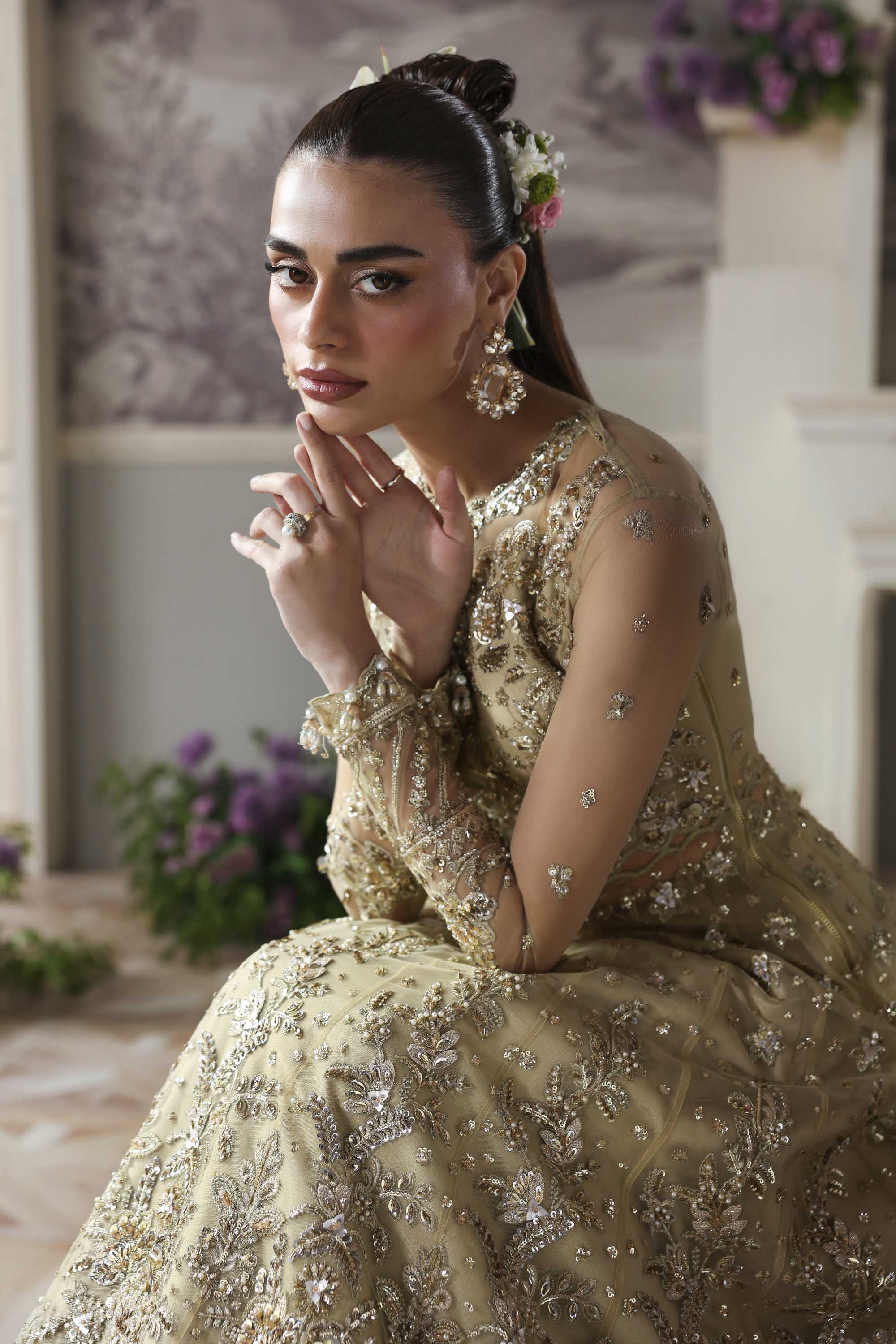 Women Wearing Mintara Yellow Silver Peshwas For Formals Events - Pakistani Designer Wear For Women In UK | Kifat