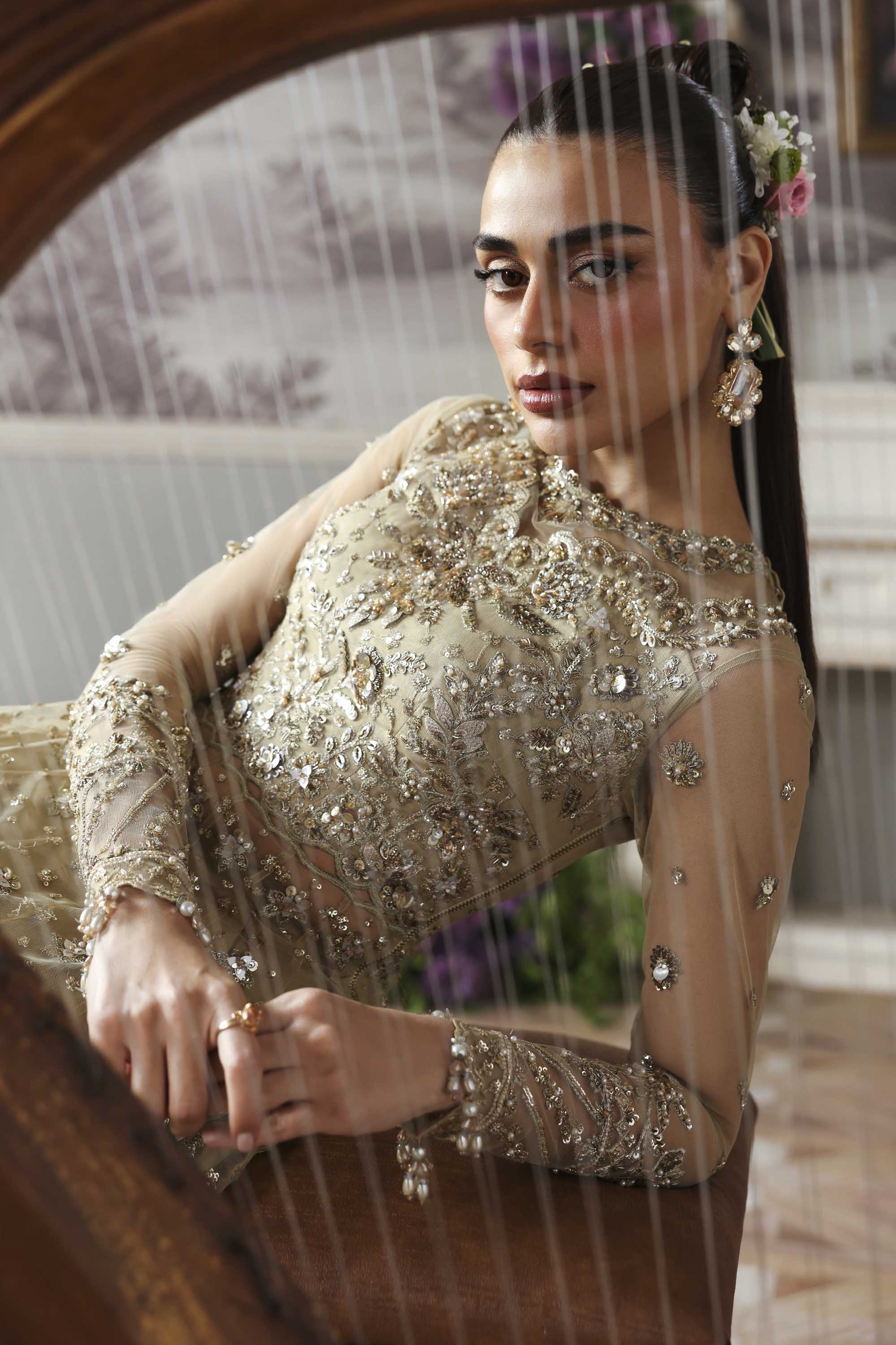 Women Wearing Mintara Yellow Silver Peshwas For Formals Events - Pakistani Designer Wear For Women In UK | Kifat