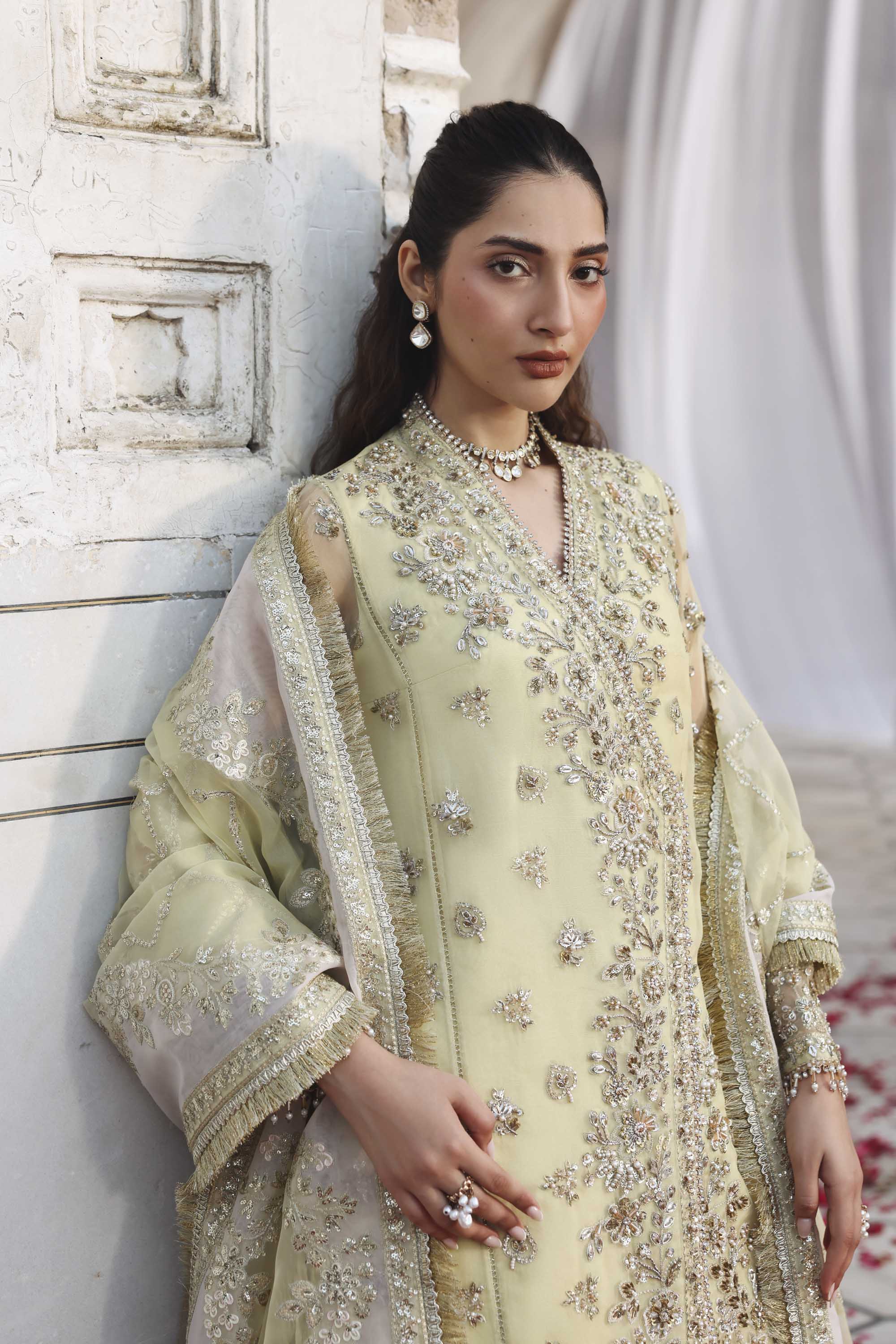 Women Wearing Mehro Yellow Front Open Shirt For Formals Events - Pakistani Designer Wear For Women In UK | Kifat