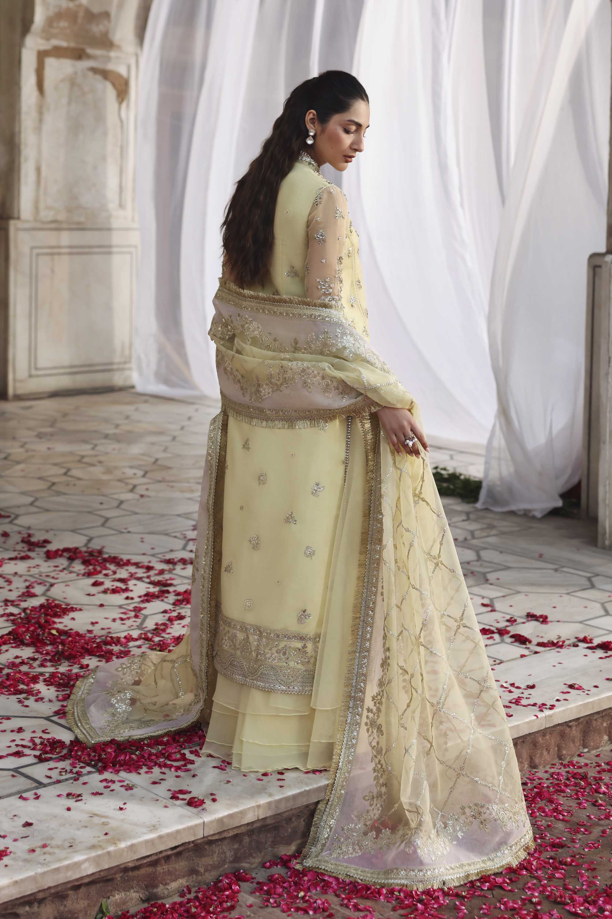 Women Wearing Mehro Yellow Front Open Shirt For Formals Events - Pakistani Designer Wear For Women In UK | Kifat