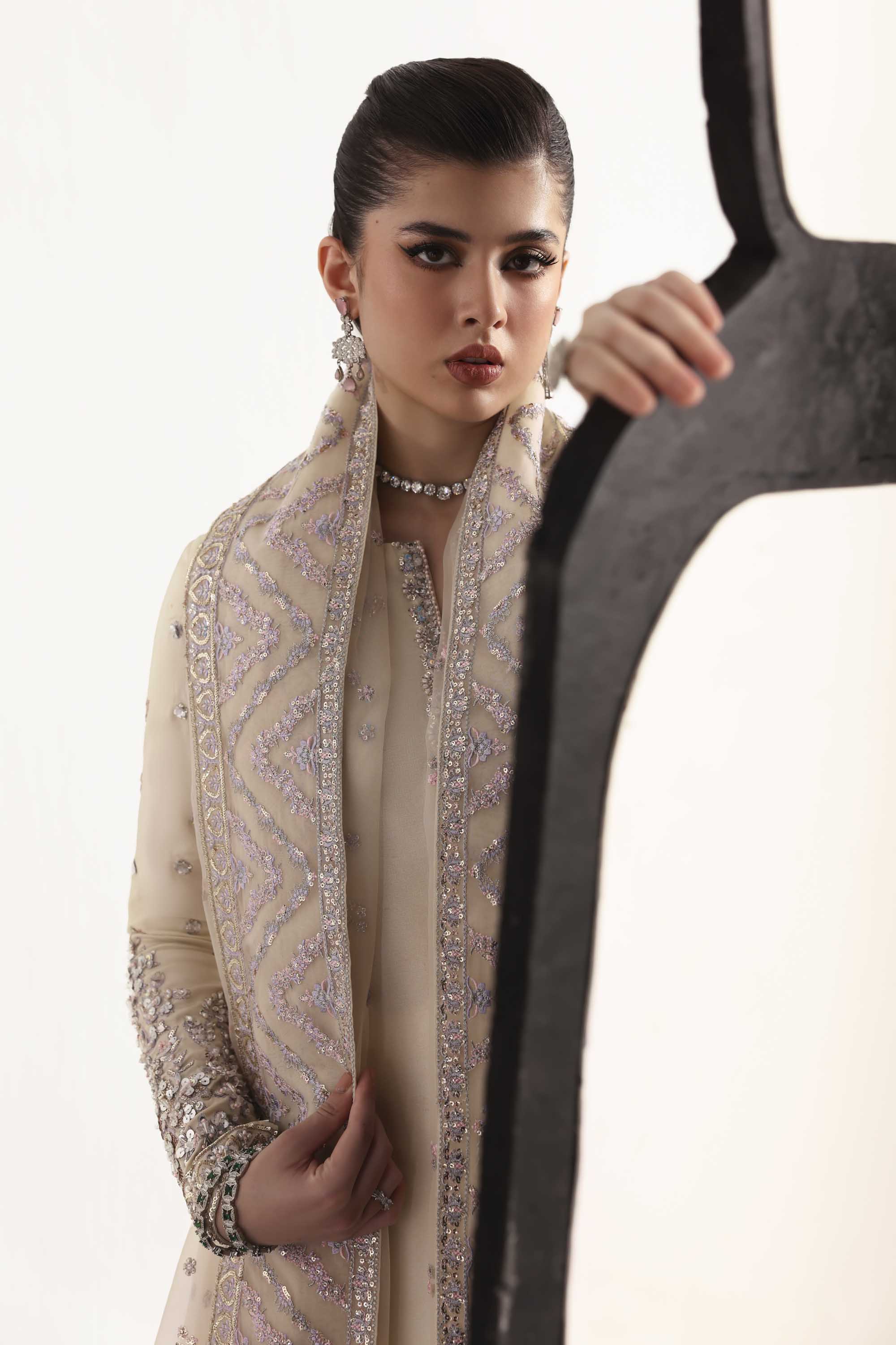 Women Wearing Raue Cream Long Shirt For Luxury Formals Events - Pakistani Designer Wear For Women In UK | Kifat