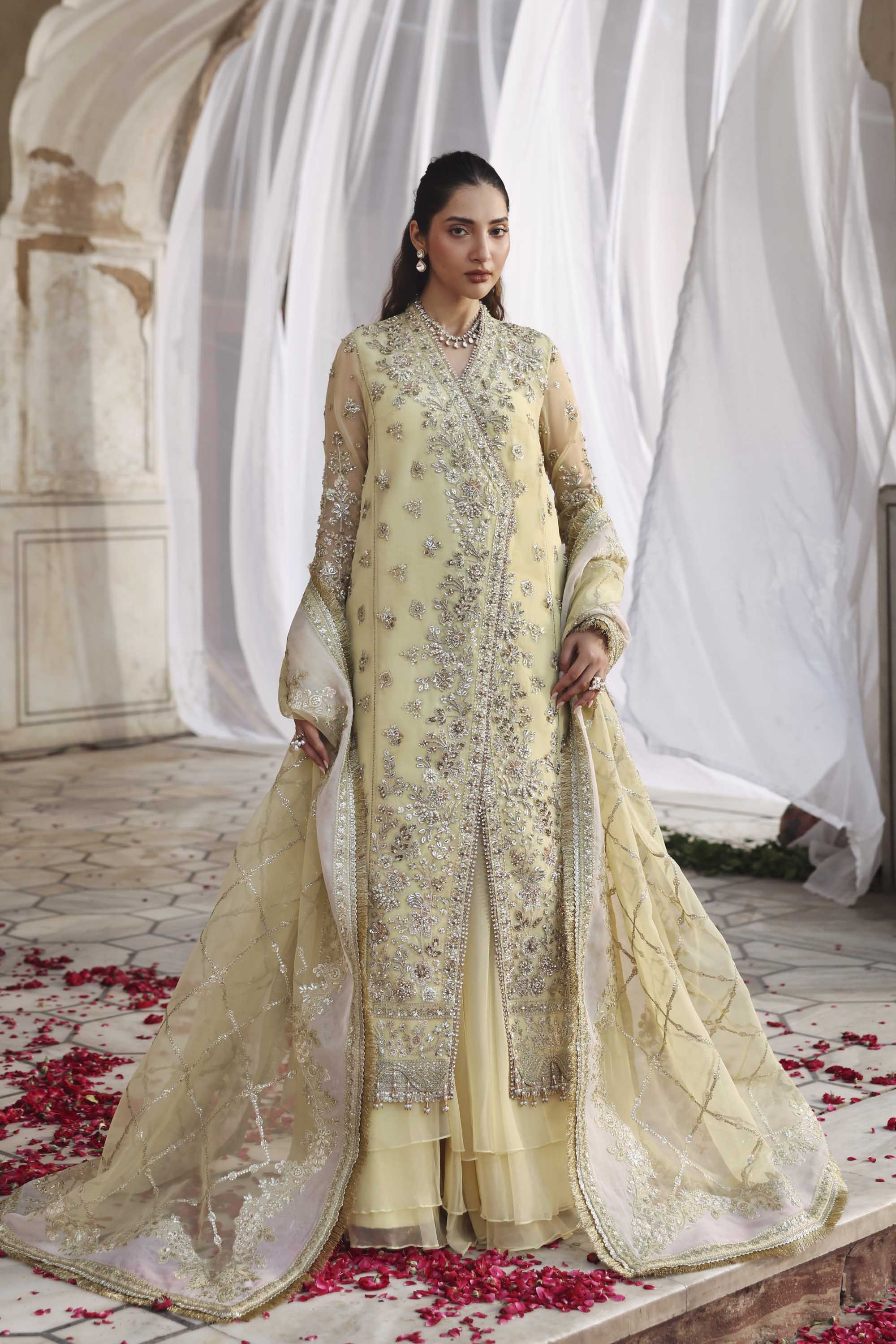 Women Wearing Mehro Yellow Front Open Shirt For Formals Events - Pakistani Designer Wear For Women In UK | Kifat