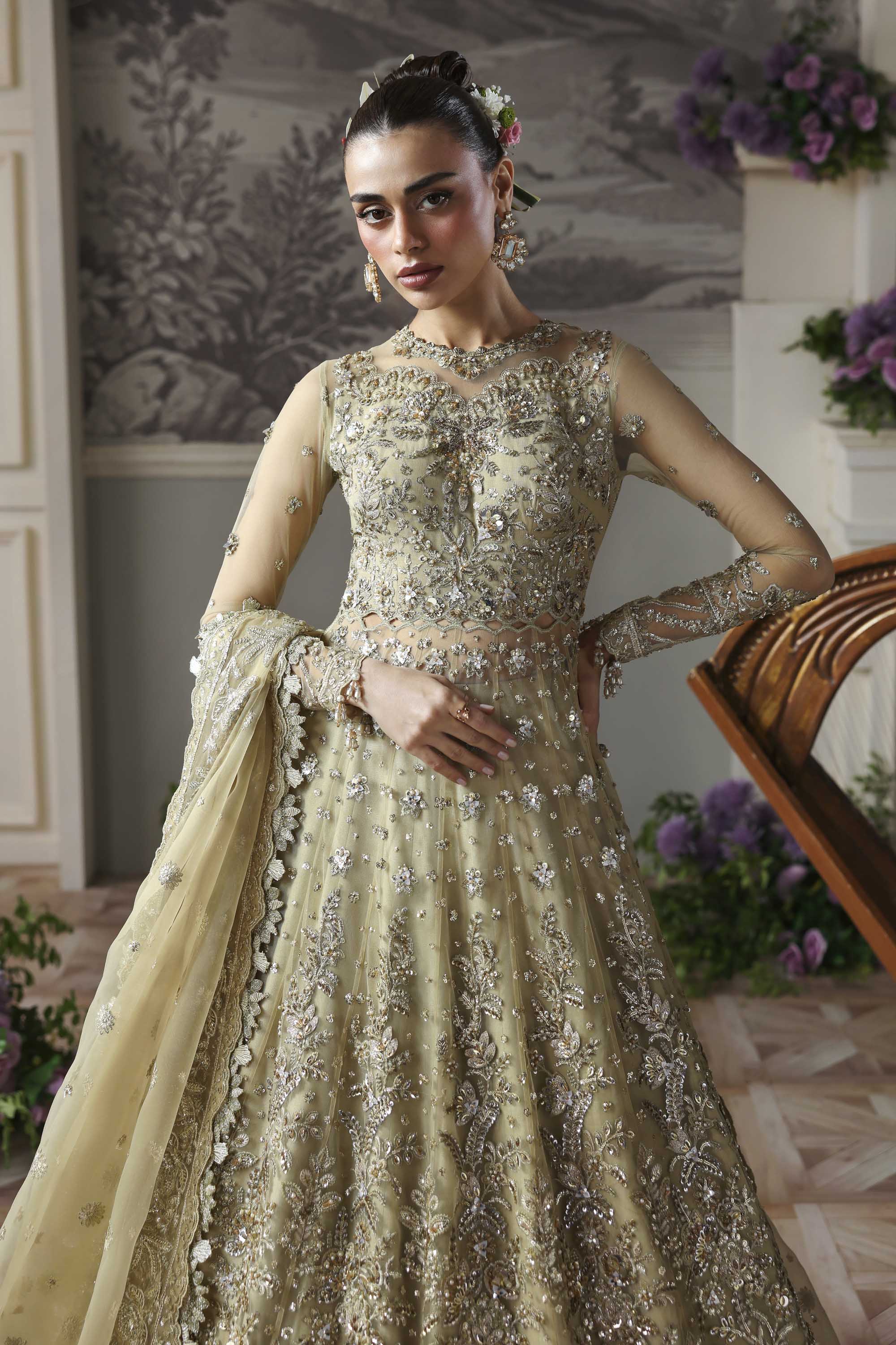 Women Wearing Mintara Yellow Silver Peshwas For Formals Events - Pakistani Designer Wear For Women In UK | Kifat