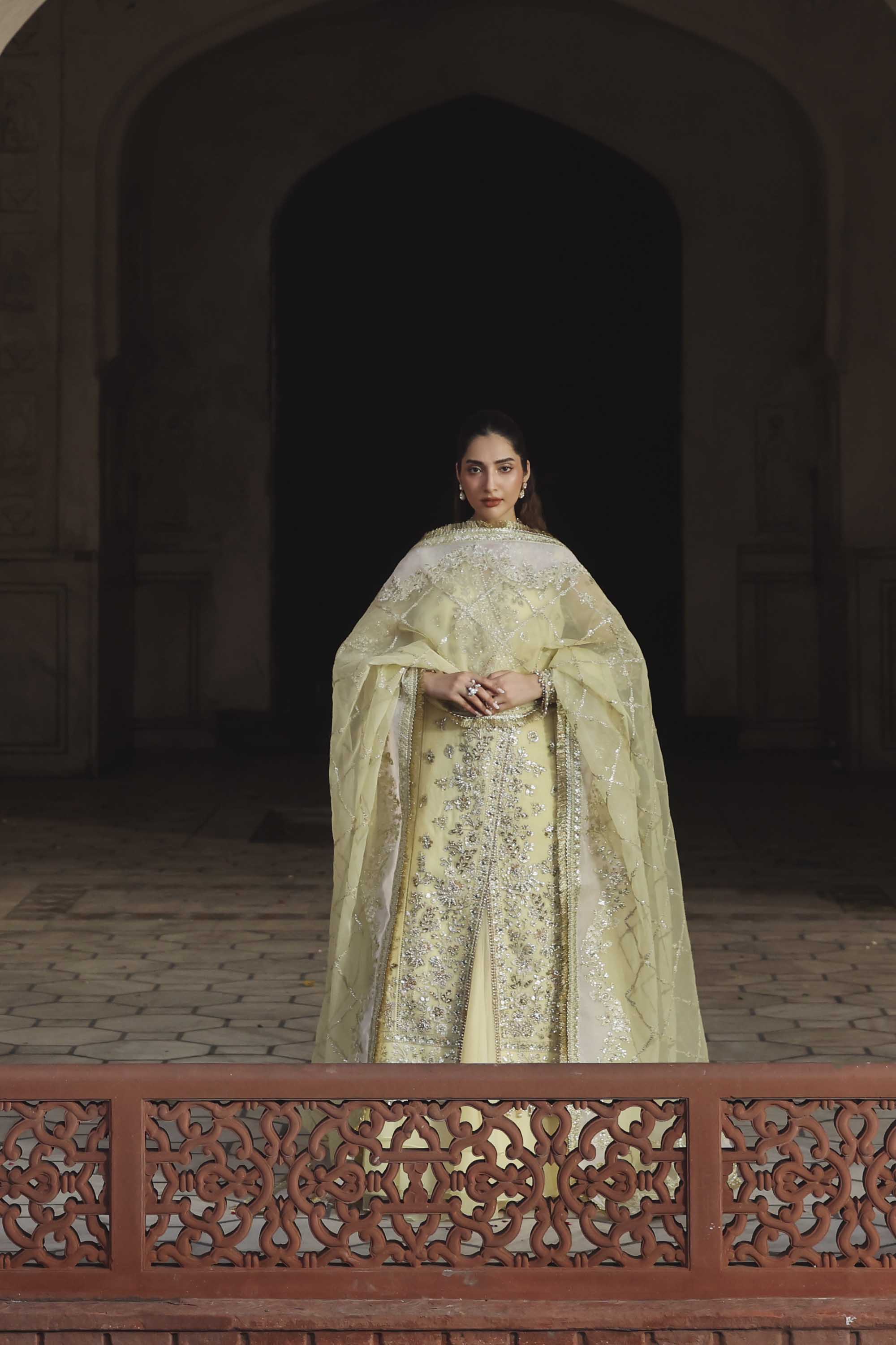 Women Wearing Mehro Yellow Front Open Shirt For Formals Events - Pakistani Designer Wear For Women In UK | Kifat