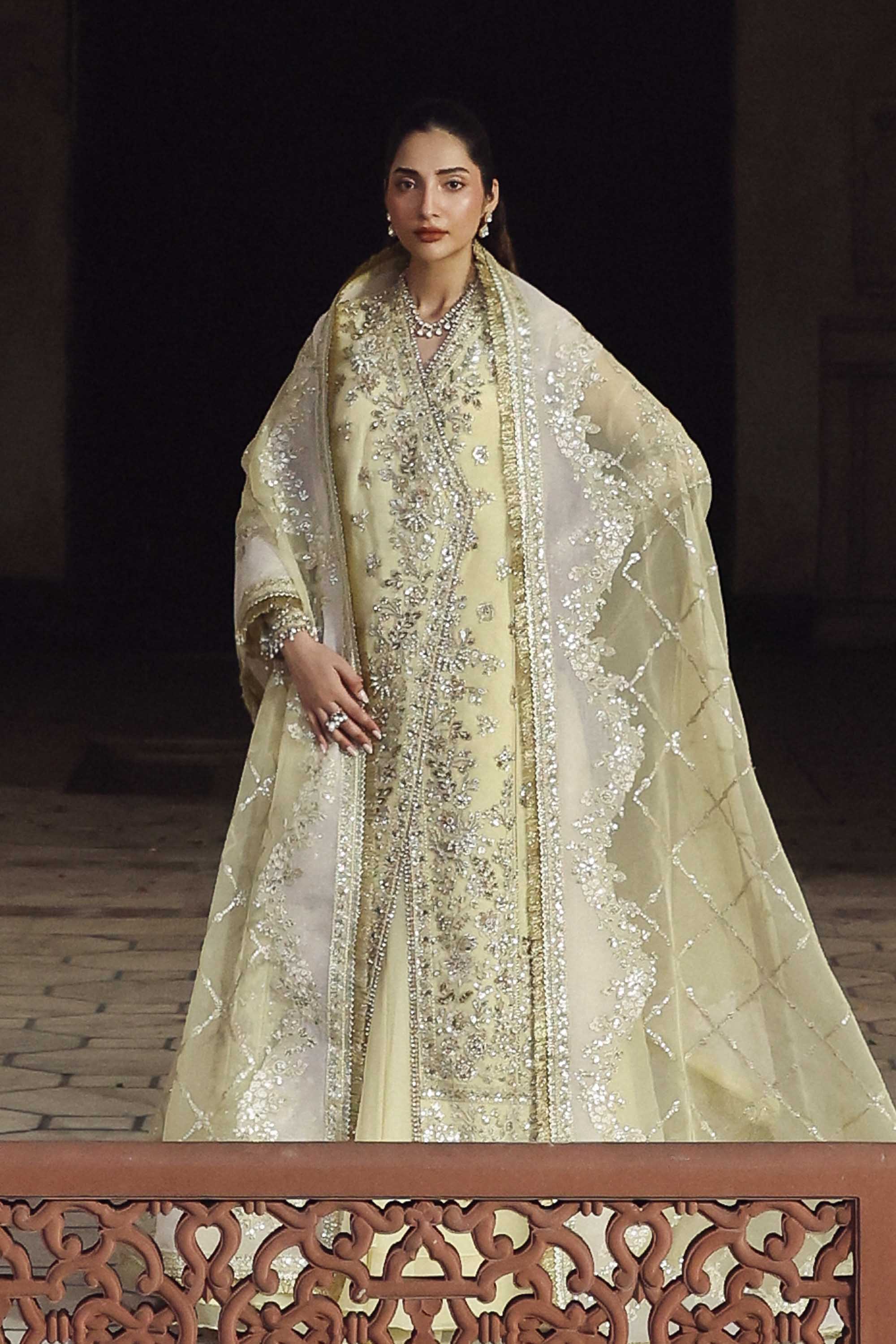 Women Wearing Mehro Yellow Front Open Shirt For Formals Events - Pakistani Designer Wear For Women In UK | Kifat