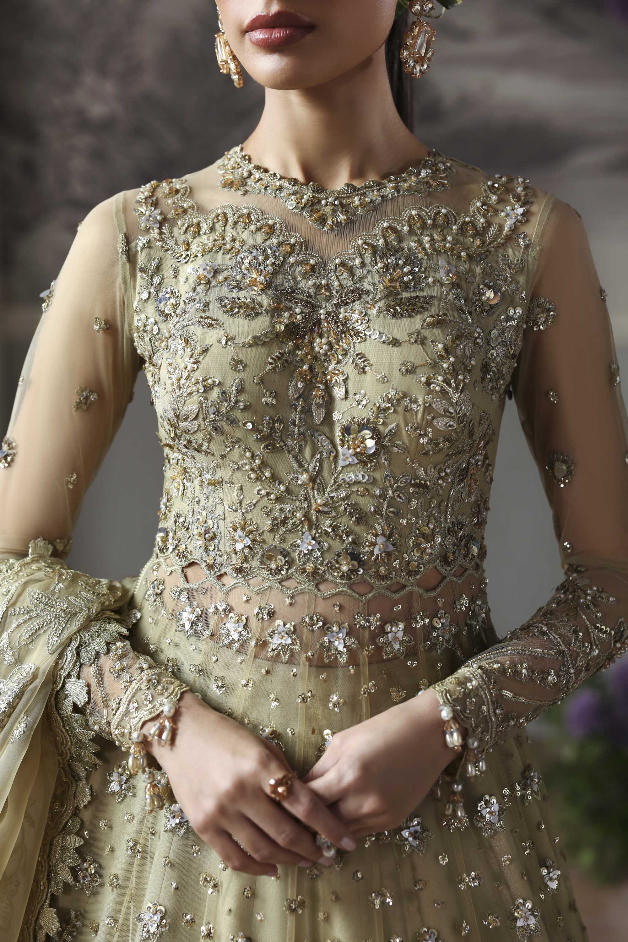 Women Wearing Mintara Yellow Silver Peshwas For Formals Events - Pakistani Designer Wear For Women In UK | Kifat