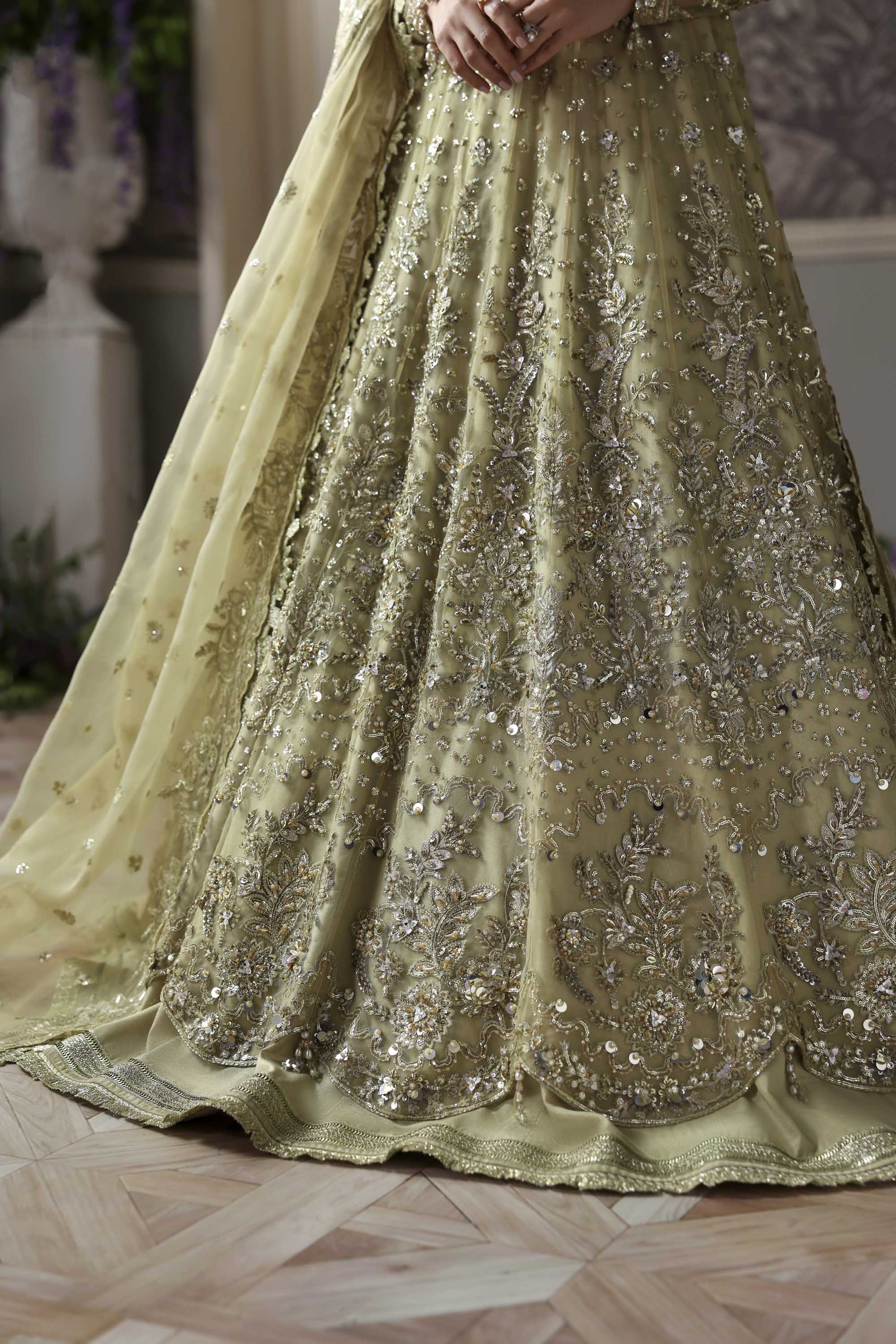 Women Wearing Mintara Yellow Silver Peshwas For Formals Events - Pakistani Designer Wear For Women In UK | Kifat