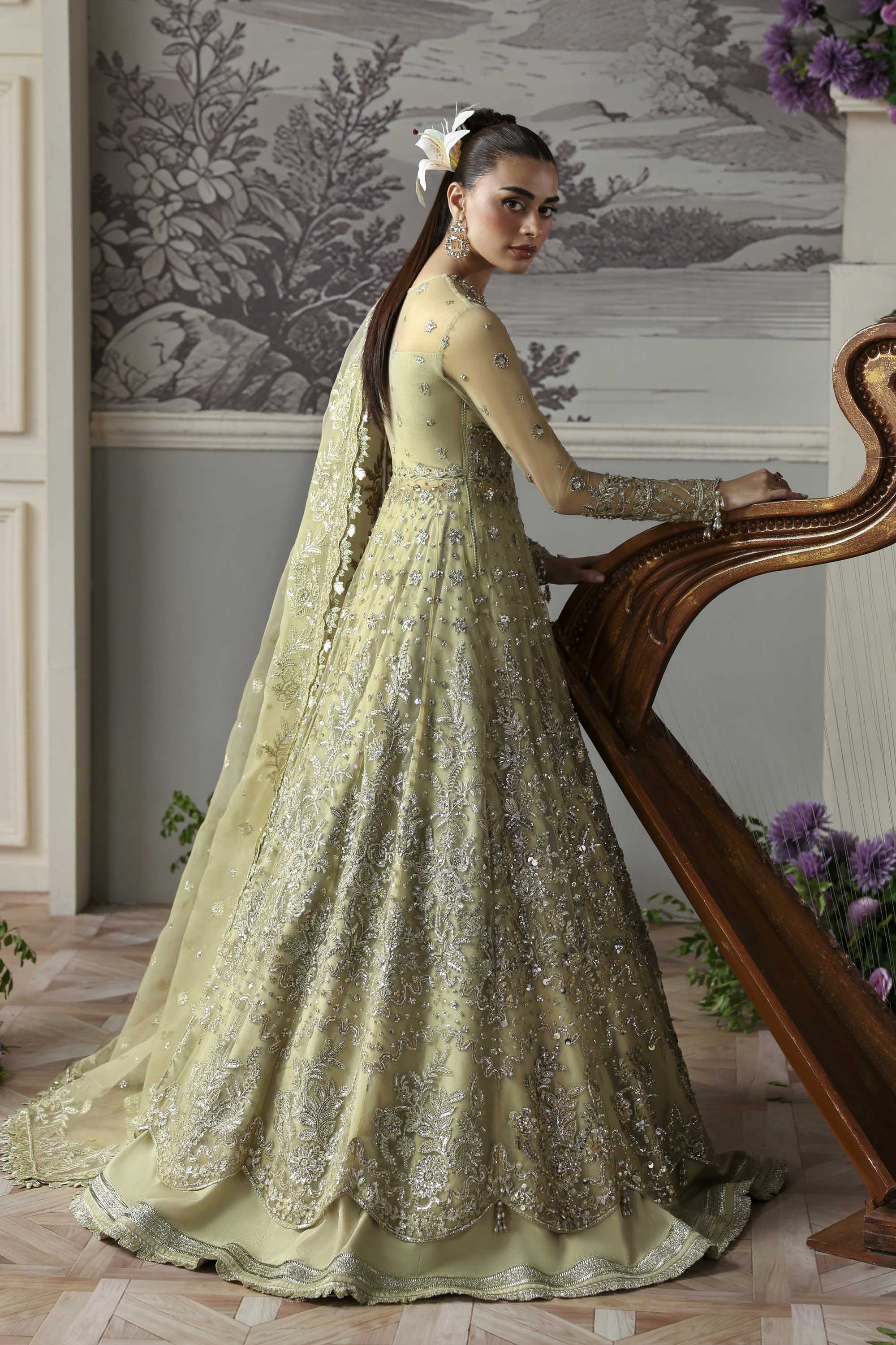 Women Wearing Mintara Yellow Silver Peshwas For Formals Events - Pakistani Designer Wear For Women In UK | Kifat